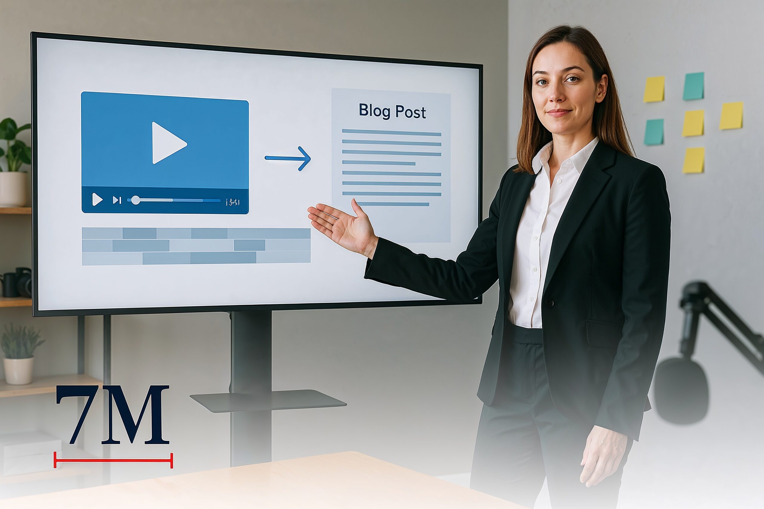 Businesswoman presenting a video-to-blog content strategy in a creative office environment