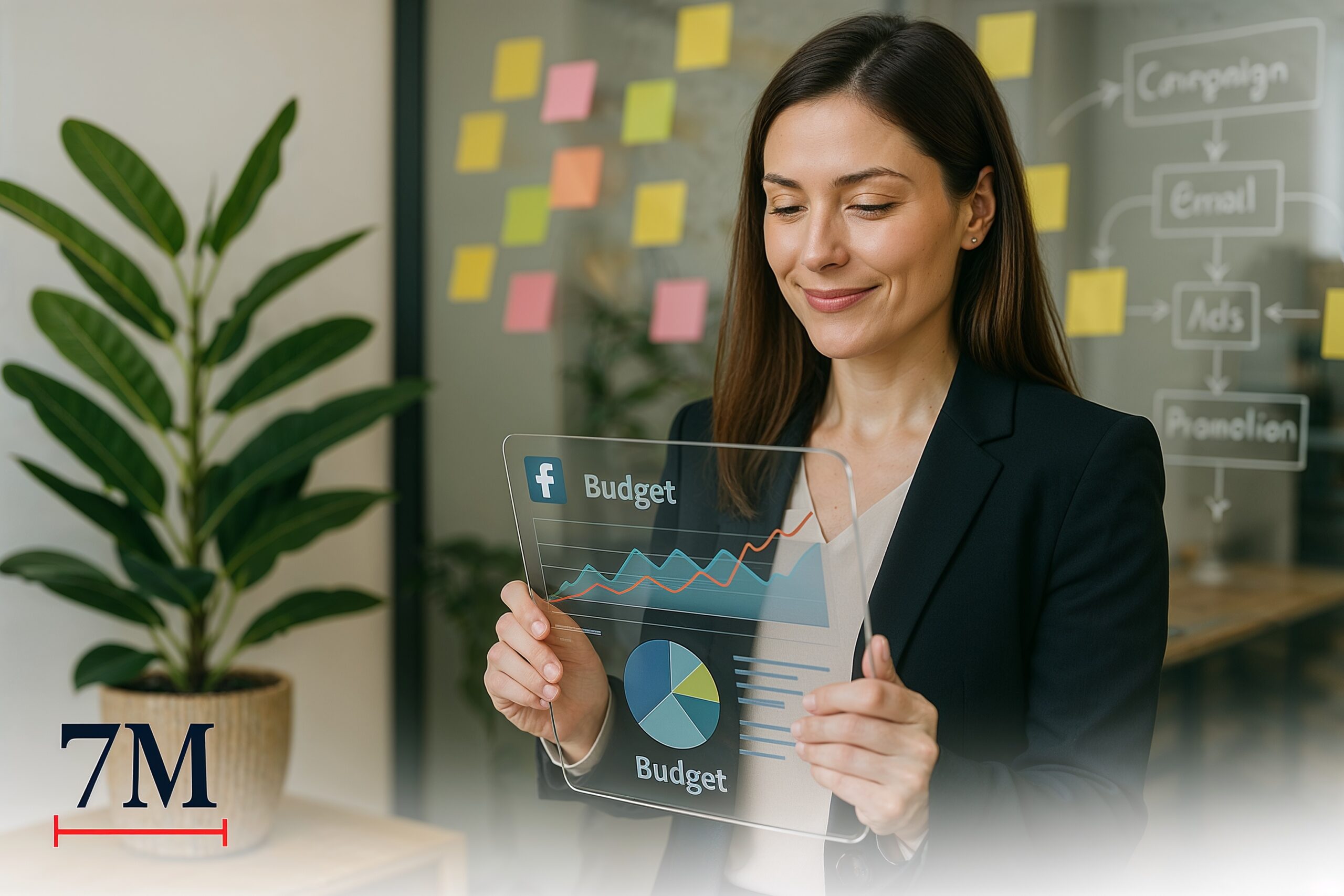 Businesswoman analyzing Facebook ad budget projections on a transparent tablet in a modern marketing workspace