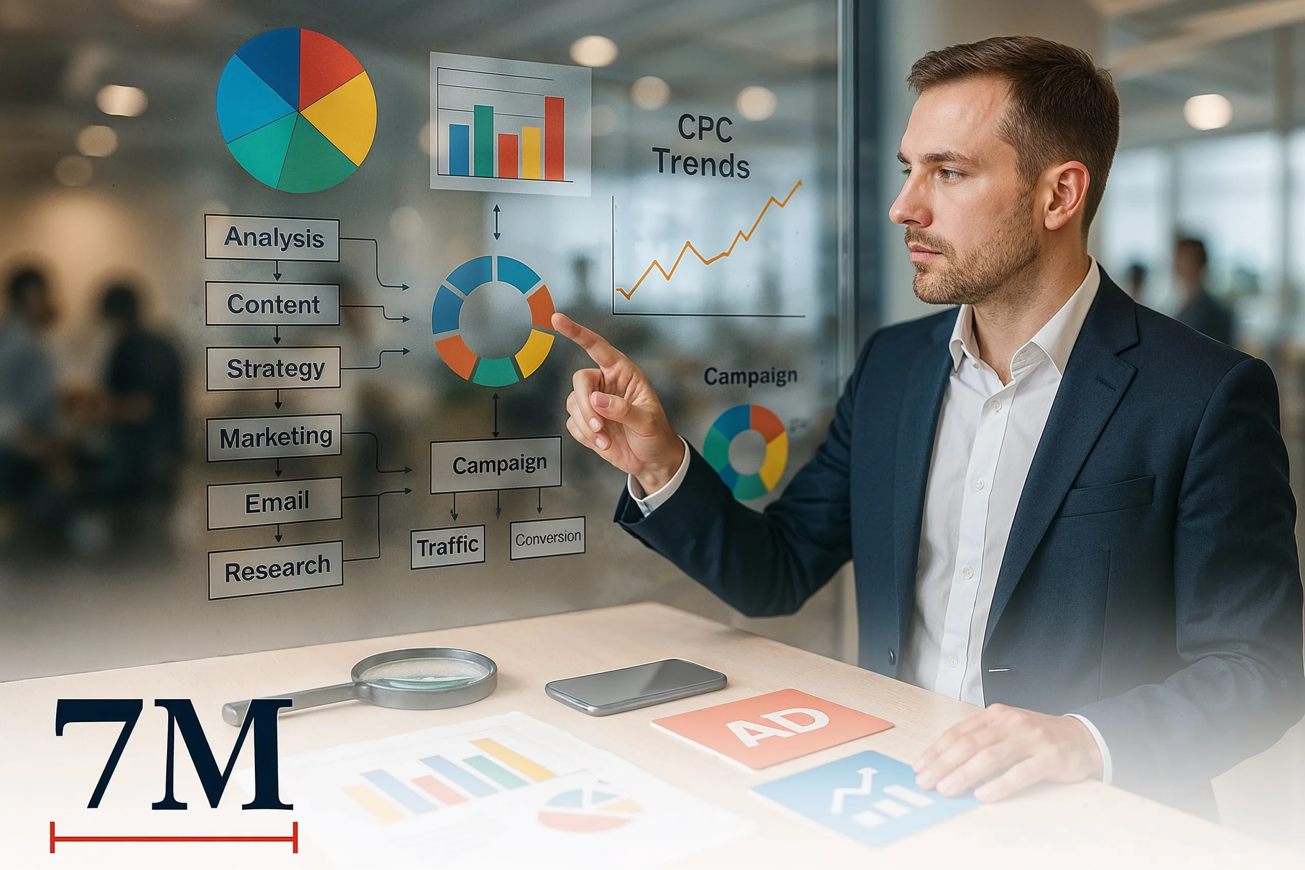 Marketing professional analyzing CPC trends on a glass board with campaign data and optimization tools in a creative office environment.