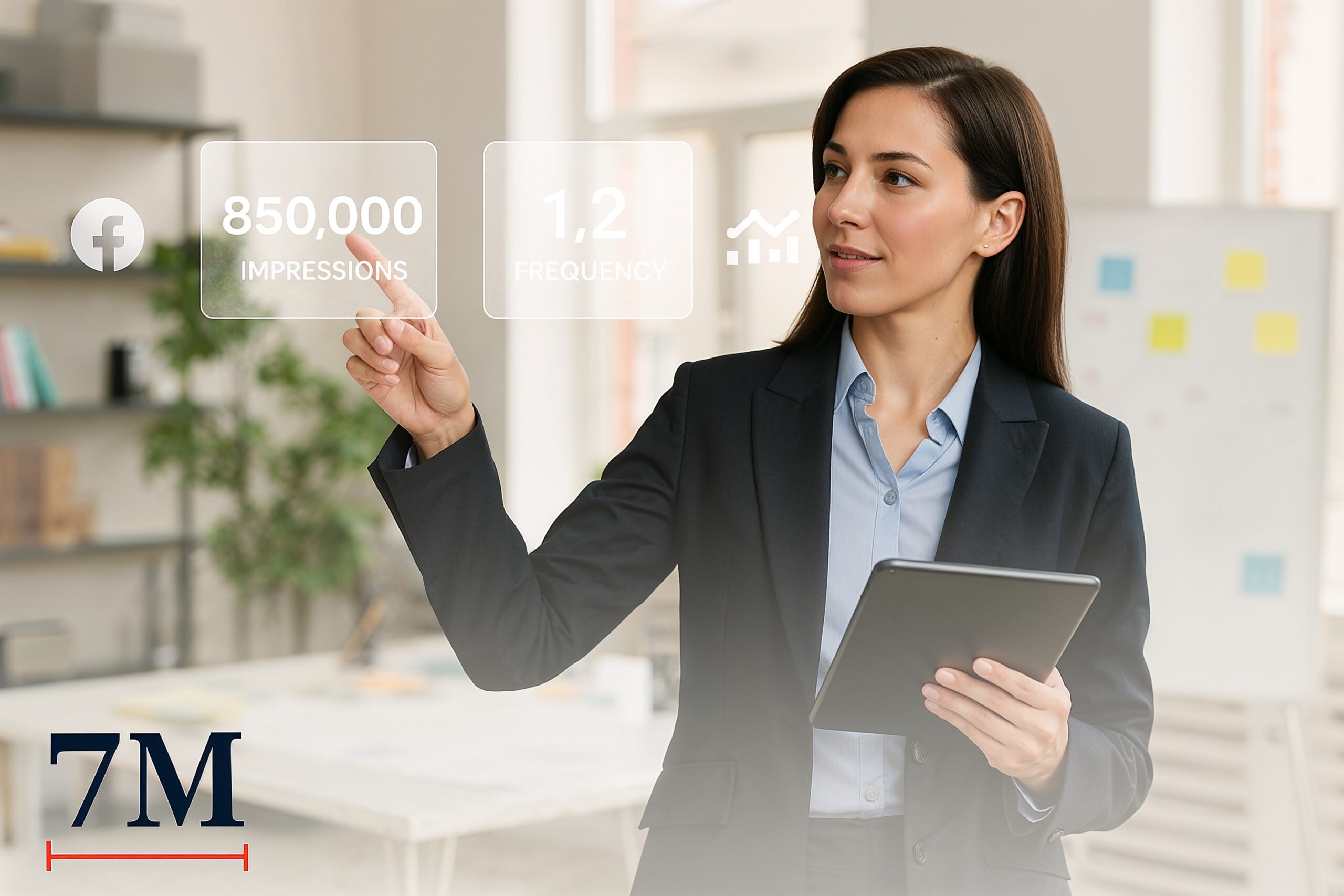 Businesswoman in creative workspace analyzing floating digital frequency counters and Facebook ad metrics.