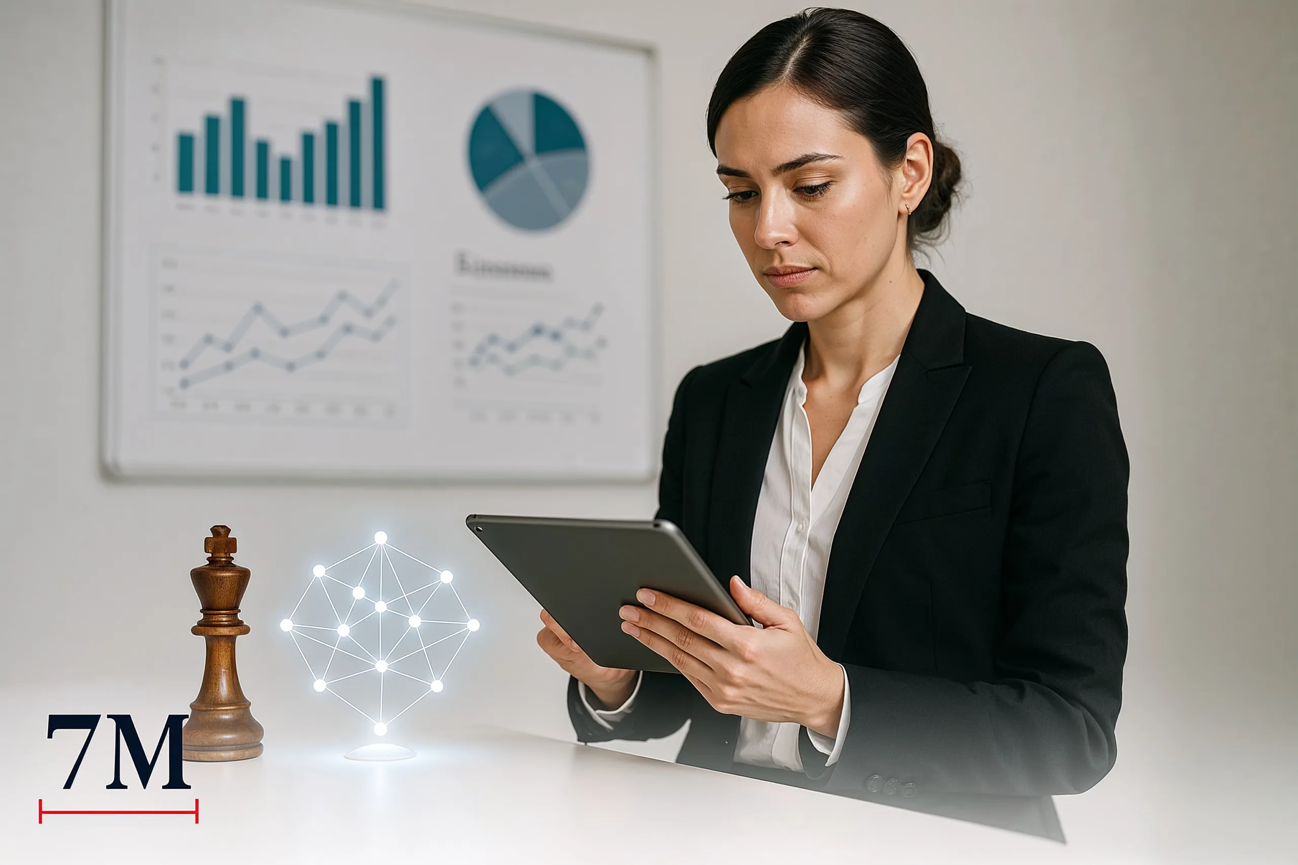 Businesswoman analyzing agency retention metrics and dashboards in a modern workspace, symbolizing data-driven client retention strategies.