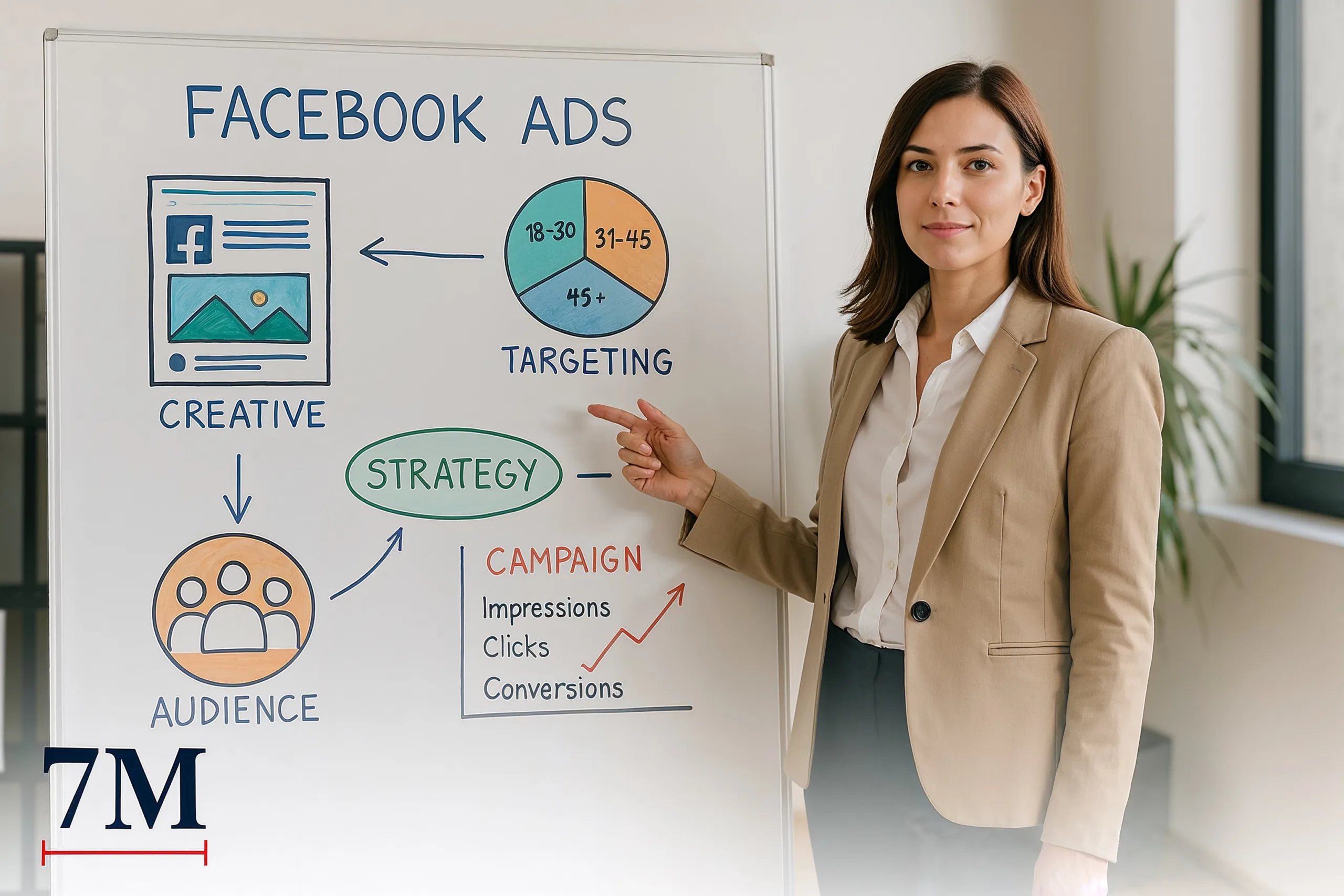 Entrepreneur in business attire explaining Facebook Ads strategies beside a whiteboard filled with campaign diagrams and targeting charts.