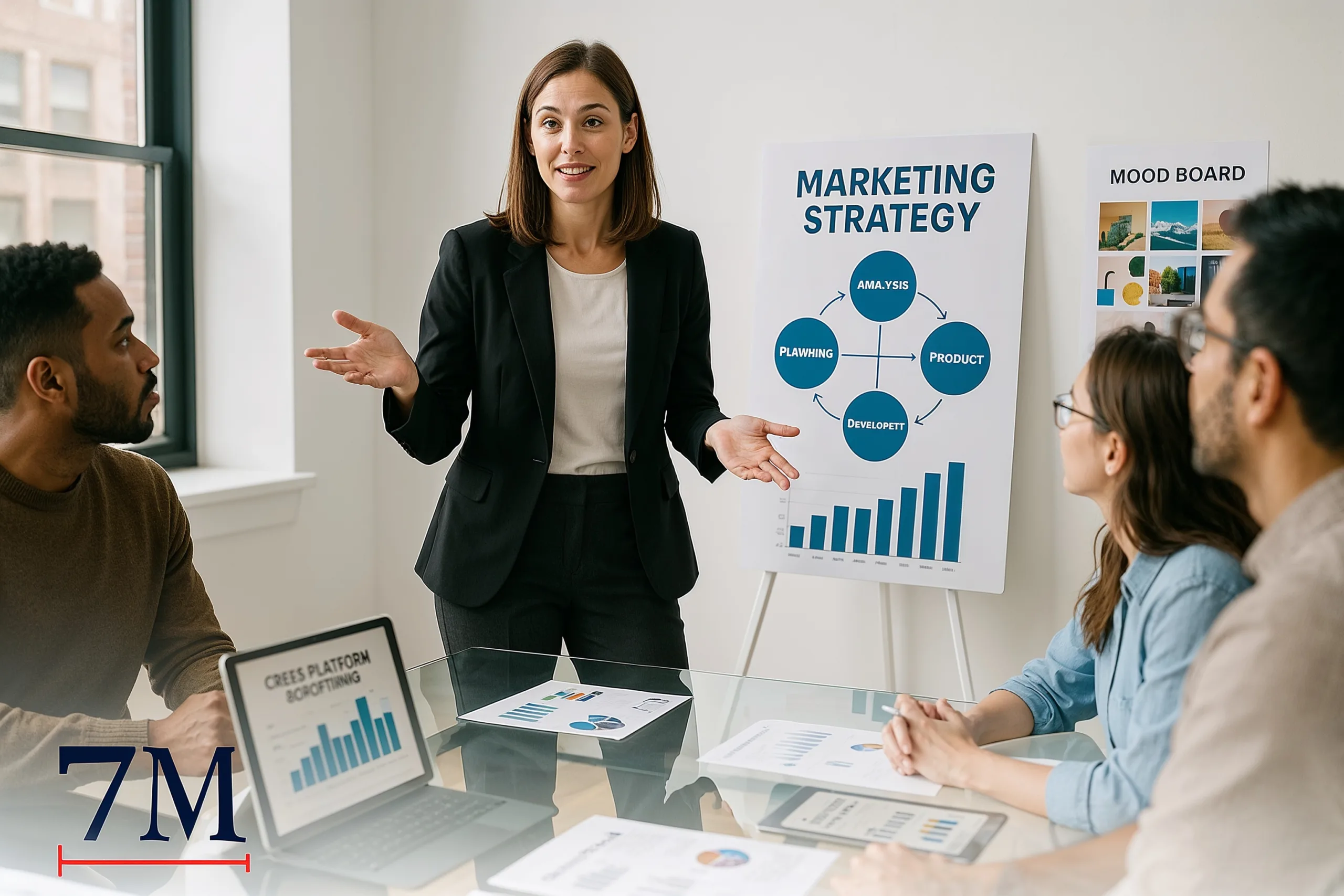 Marketing professionals strategizing around a table with data reports and creative materials, highlighting teamwork in a modern digital marketing agency.