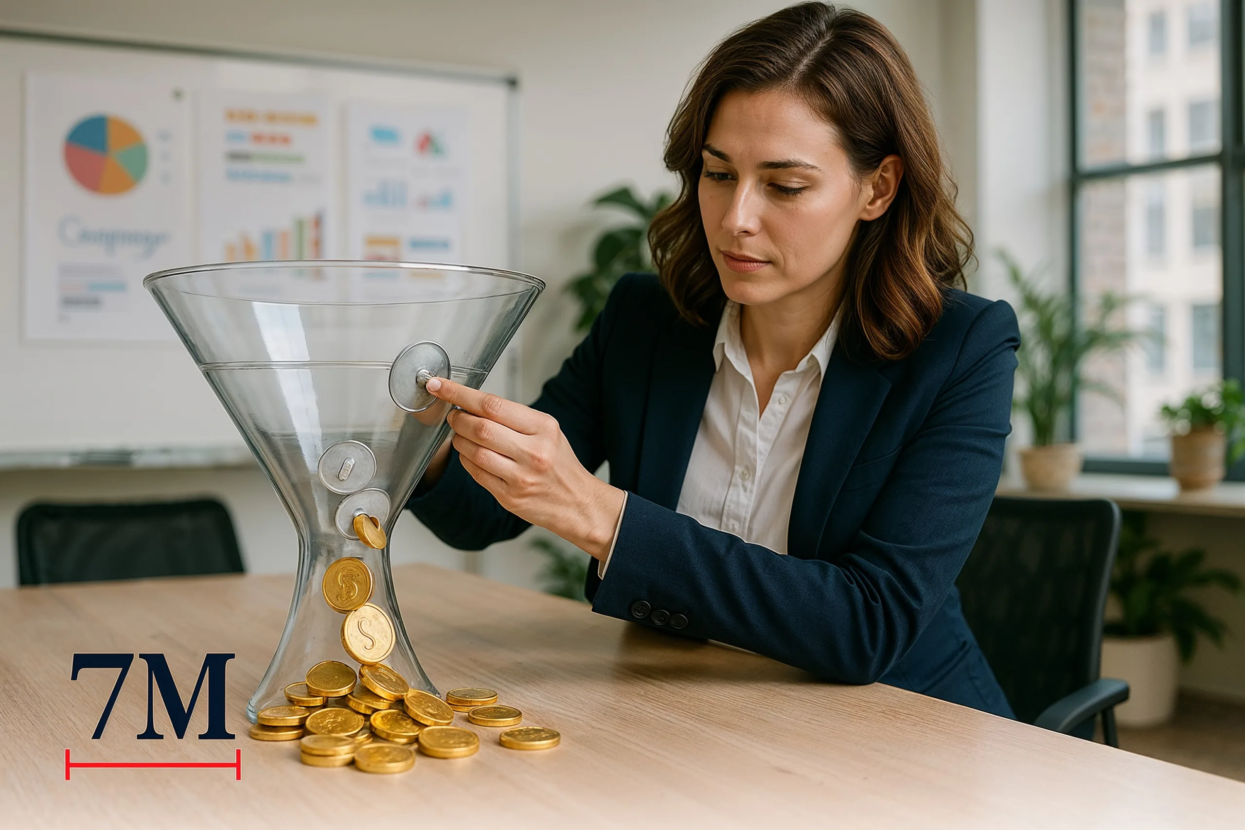 Businesswoman in modern office patching leaks in a transparent sales funnel with golden coins spilling out, symbolizing sales funnel optimization.