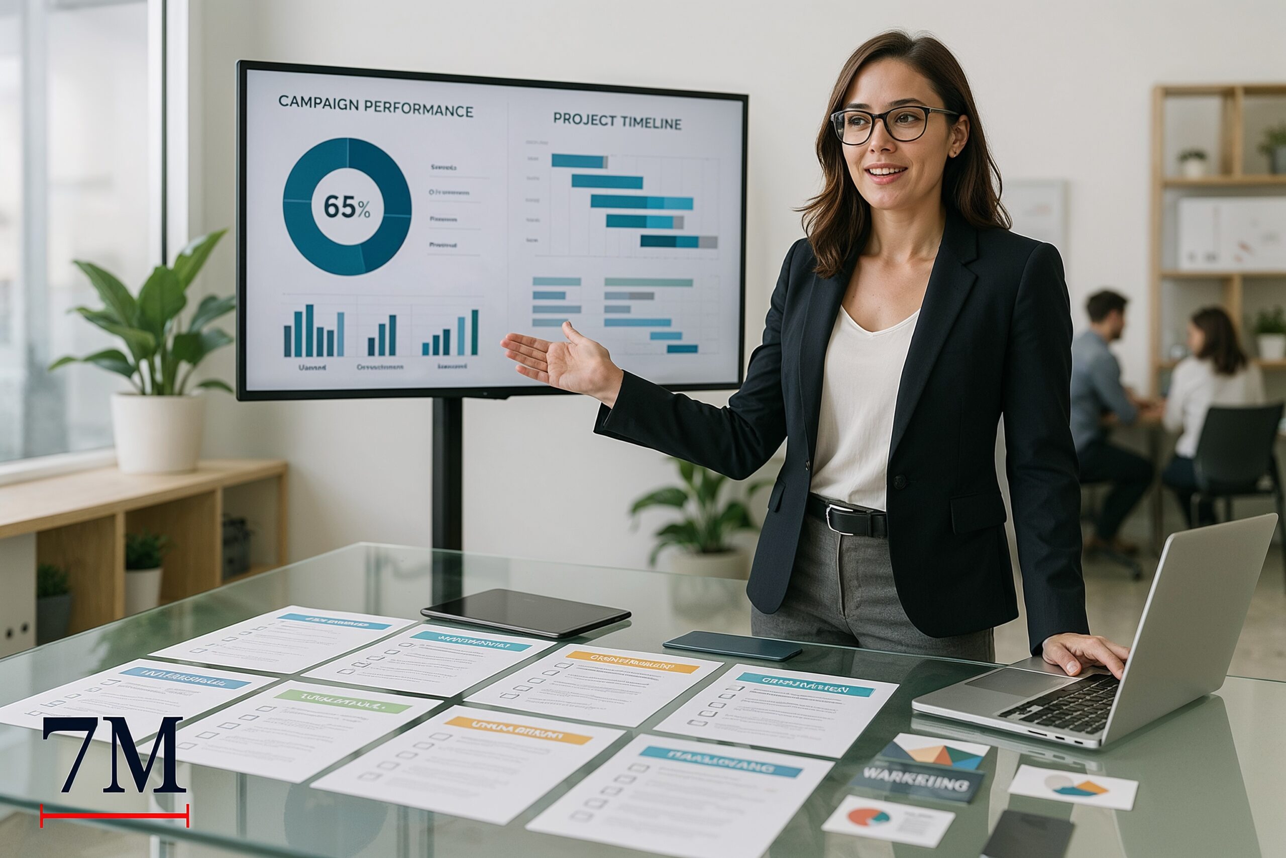 Professional woman in business attire presenting onboarding checklists and campaign dashboards in a modern agency workspace
