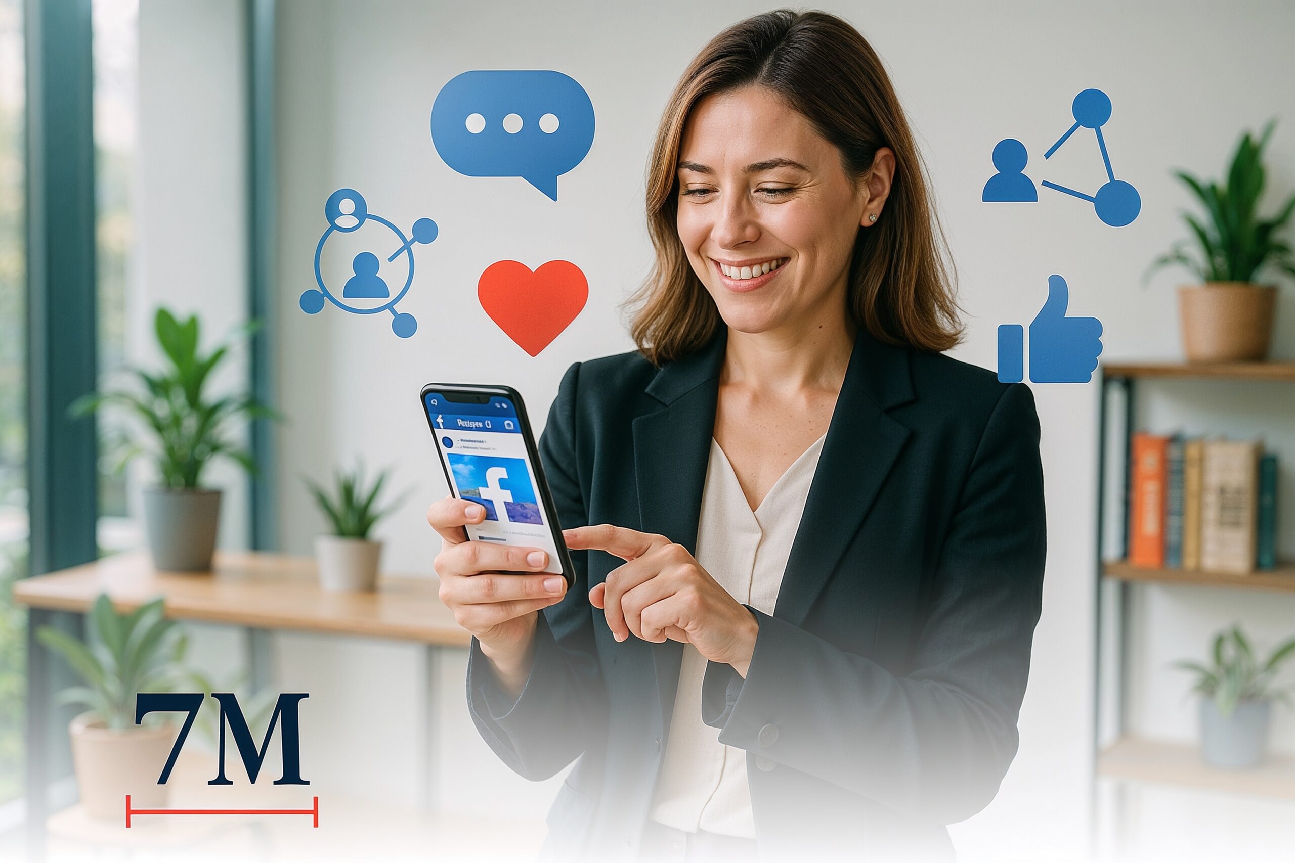 A professional woman in business attire holds a smartphone showing a Facebook post, surrounded by icons symbolizing organic engagement in a modern office.