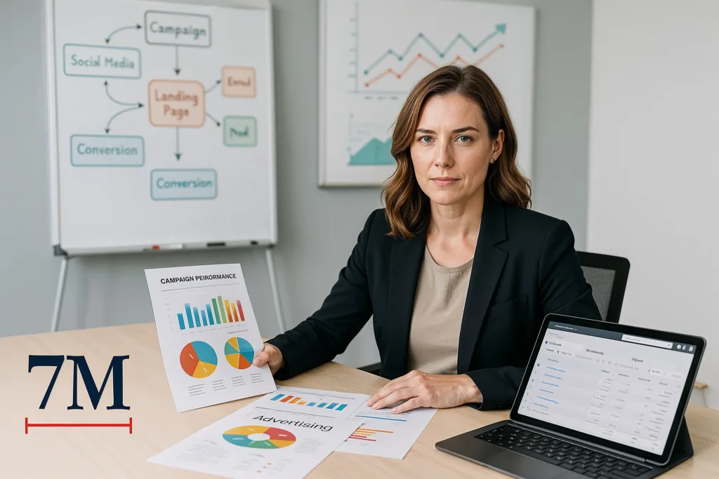 A professional female marketing strategist analyzing Facebook ad campaign data in a creative office with campaign charts and ad briefs.