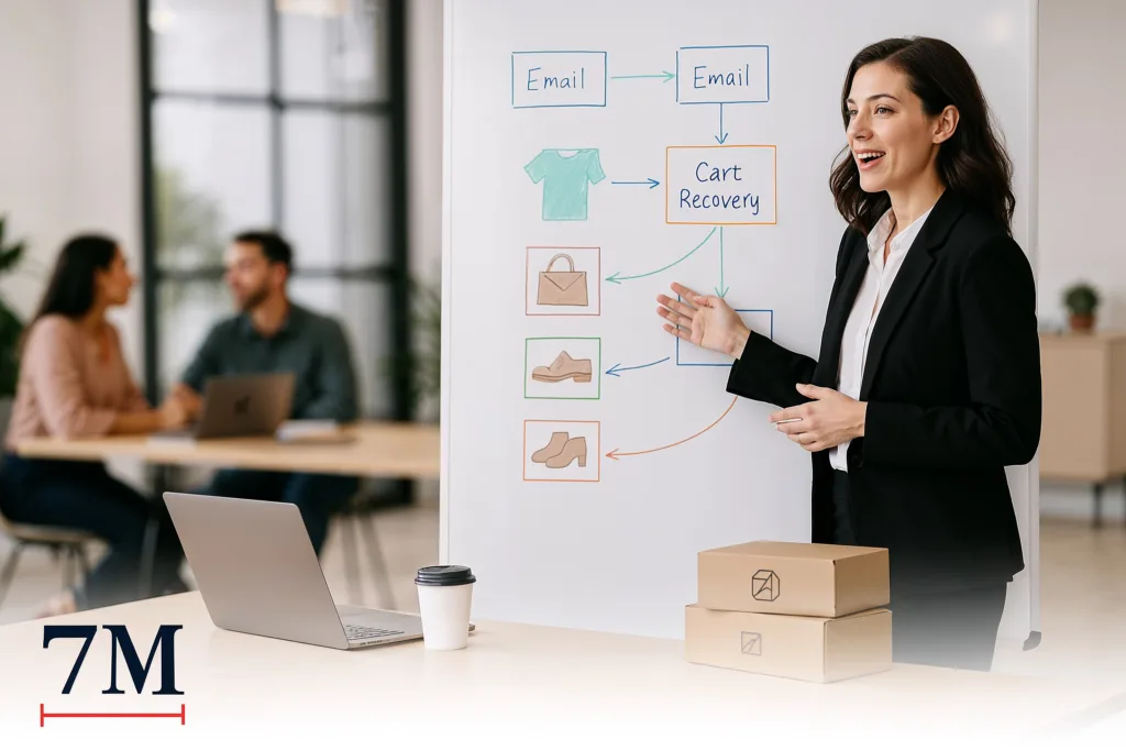 Businesswoman presenting abandoned cart email flow diagrams on a whiteboard in a creative marketing workspace.