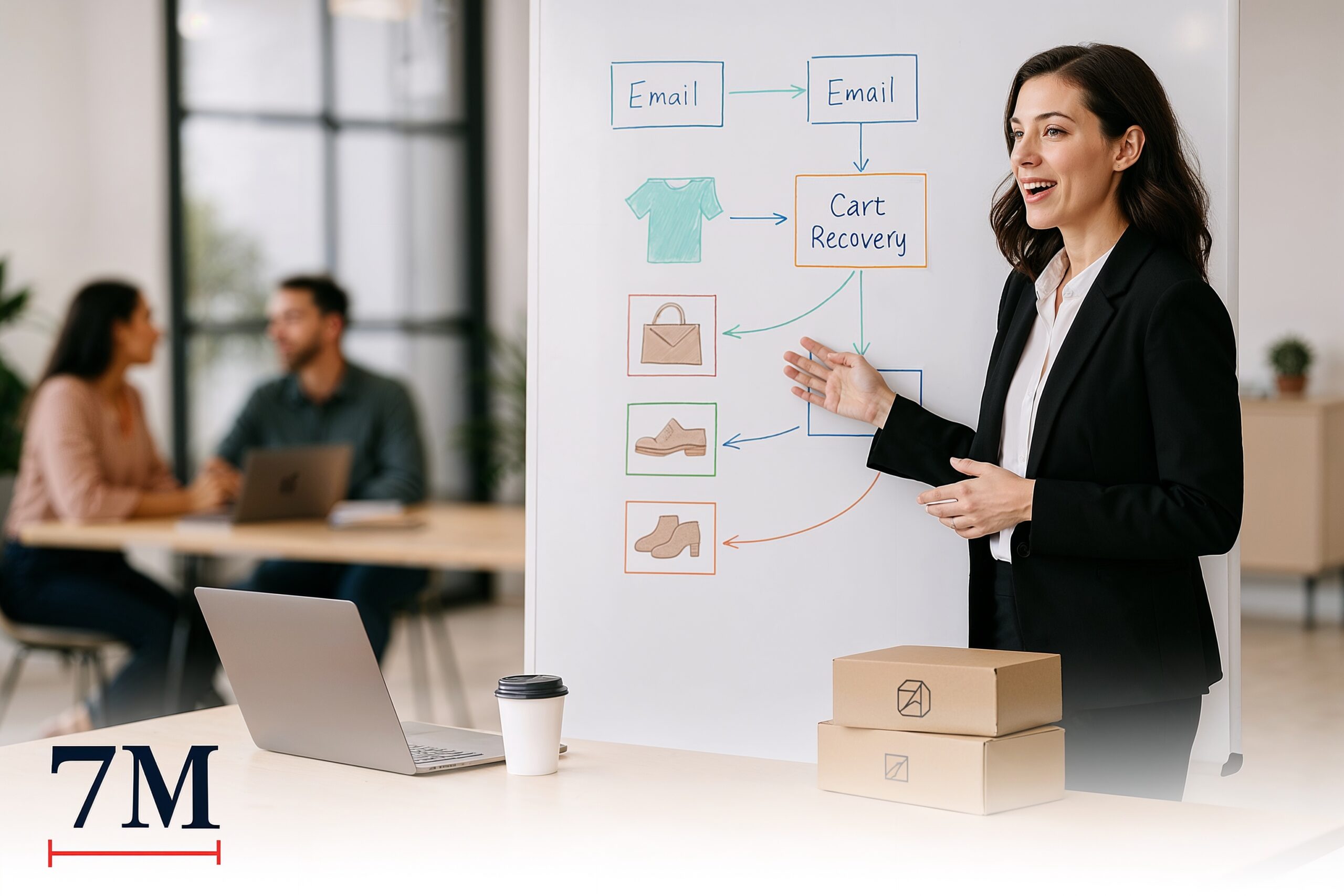 Businesswoman presenting abandoned cart email flow diagrams on a whiteboard in a creative marketing workspace.