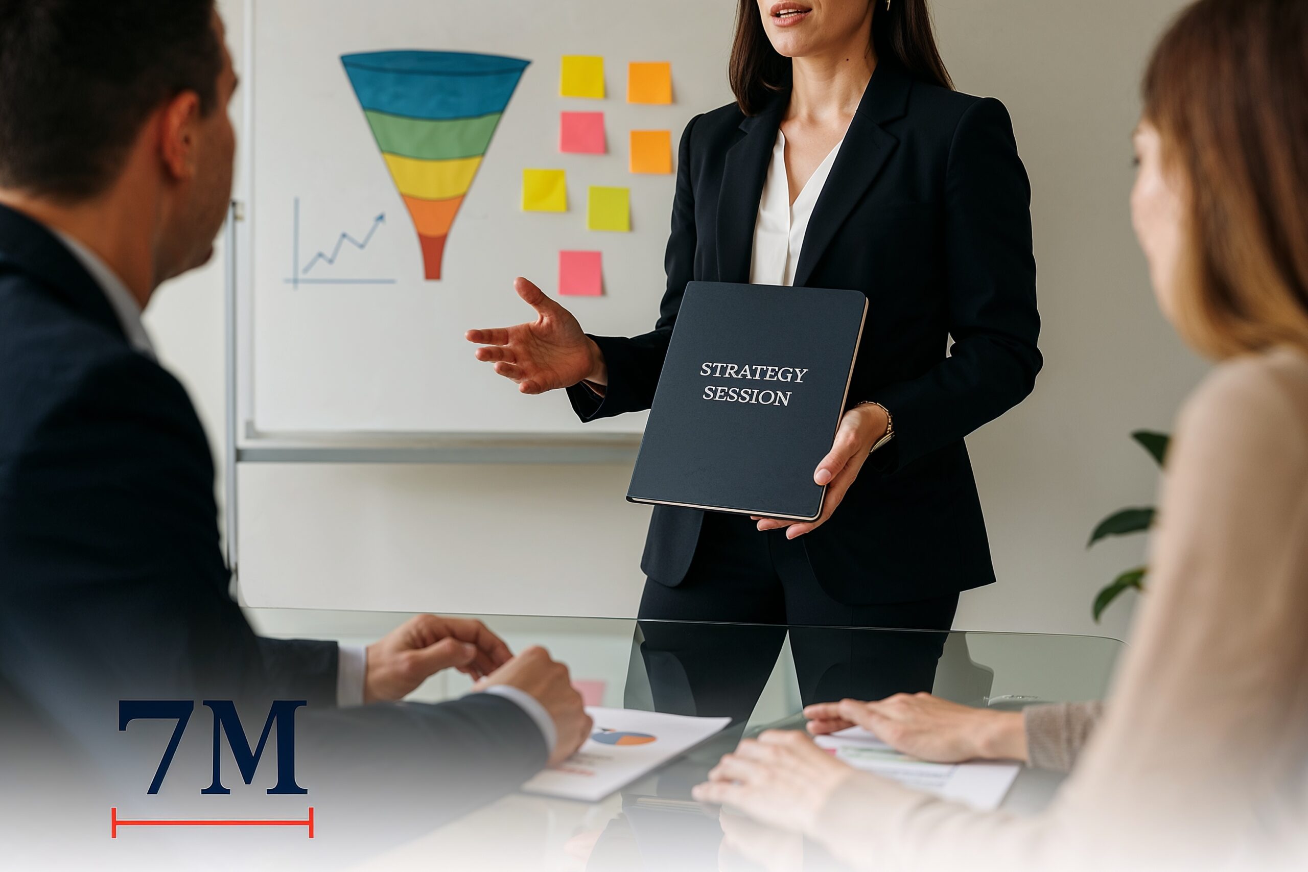 Confident businesswoman presenting a strategy session tripwire offer to clients in a modern, creative workspace.