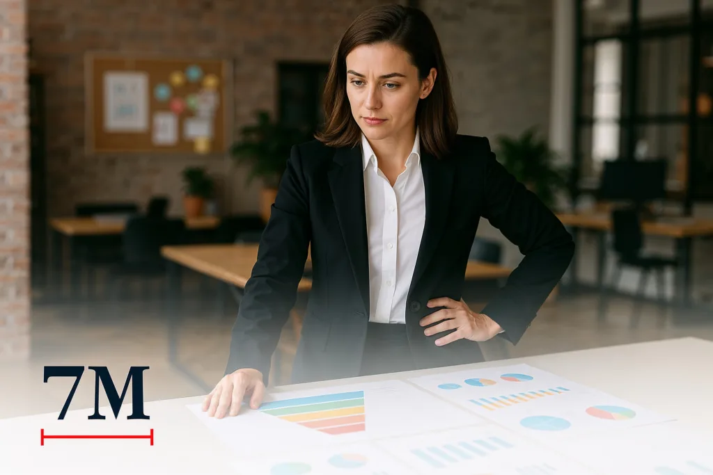 Businesswoman in a modern office reviewing marketing funnels and analytics charts for high ticket lead generation.