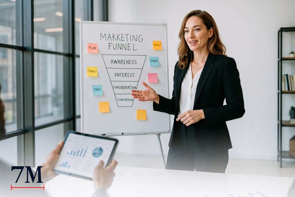 Businesswoman leading a customer acquisition strategy session in a modern office with marketing diagrams and digital analytics.