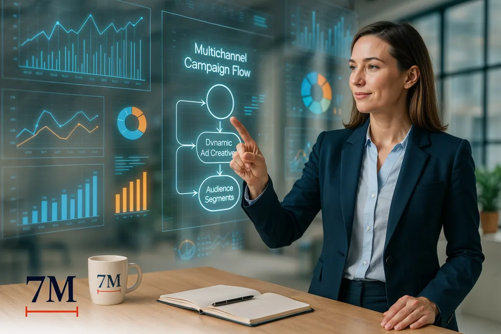 Businesswoman in a creative workspace interacting with transparent digital data visualizations and multichannel campaign elements.