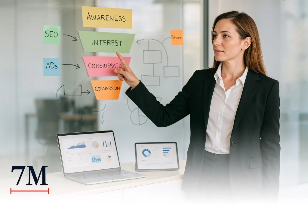 Businesswoman optimizing a digital marketing funnel with analytics and diagrams in a modern office