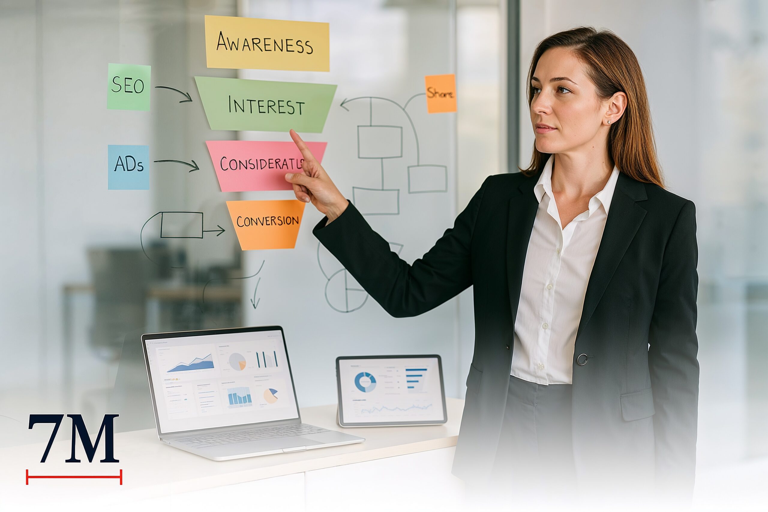 Businesswoman optimizing a digital marketing funnel with analytics and diagrams in a modern office