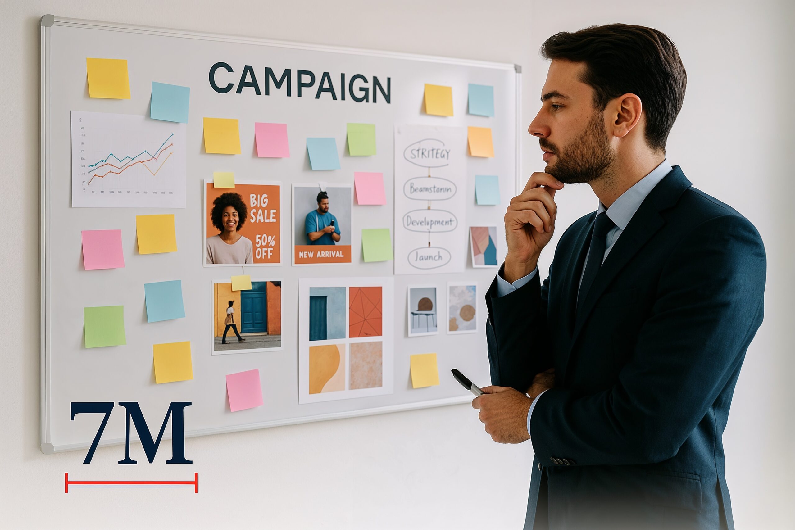 Business professional planning Facebook ad campaign with creative strategy board and marketing visuals in a modern workspace