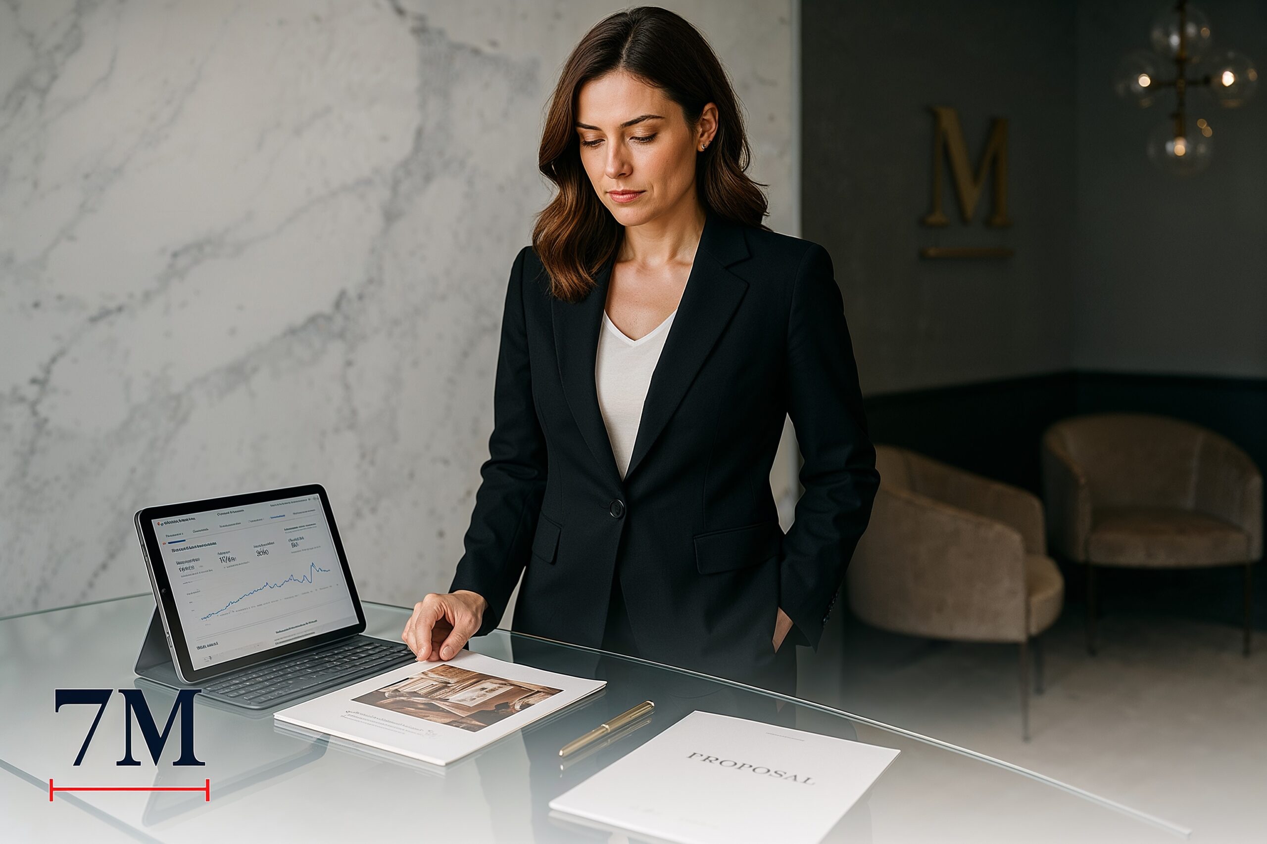 Confident businesswoman in modern luxury office examining high-ticket service marketing materials and Facebook ad analytics.