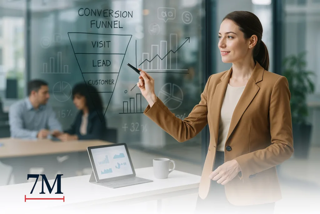 Businesswoman presenting conversion optimization strategies in a modern office with analytics visuals and social media elements.