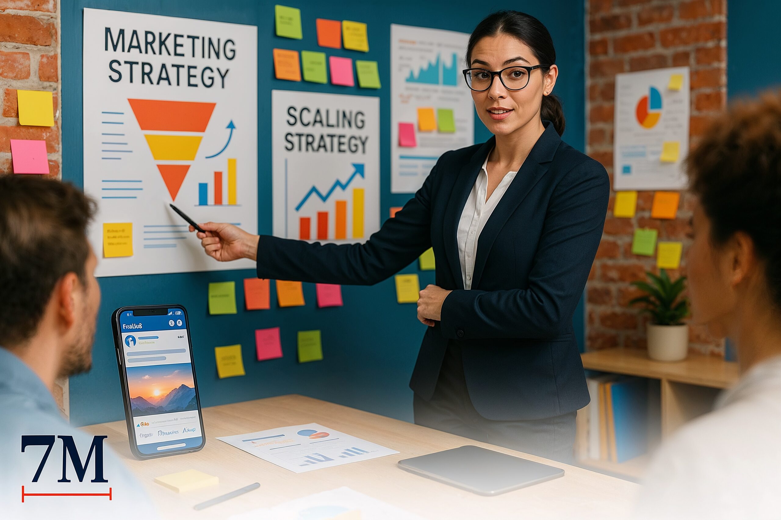 Businesswoman presenting Facebook ad scaling strategy to team in creative workspace with marketing visuals and digital tools.
