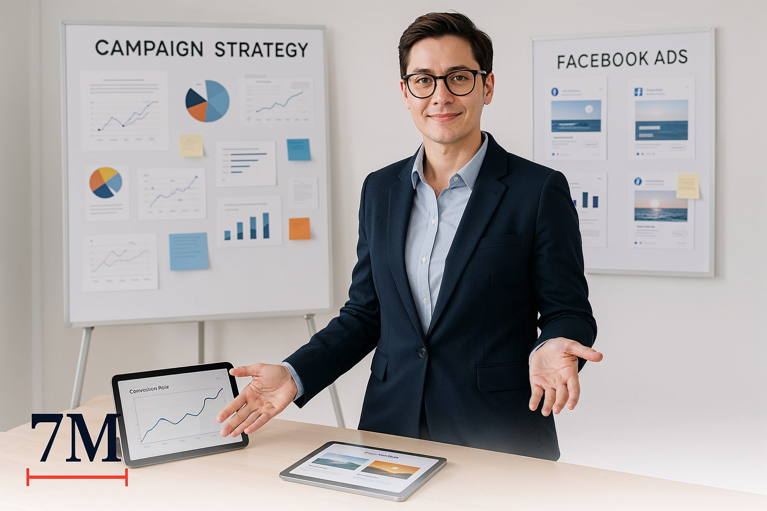 Business professional in marketing workspace demonstrating Facebook ad performance strategies, surrounded by creative assets and campaign analytics.