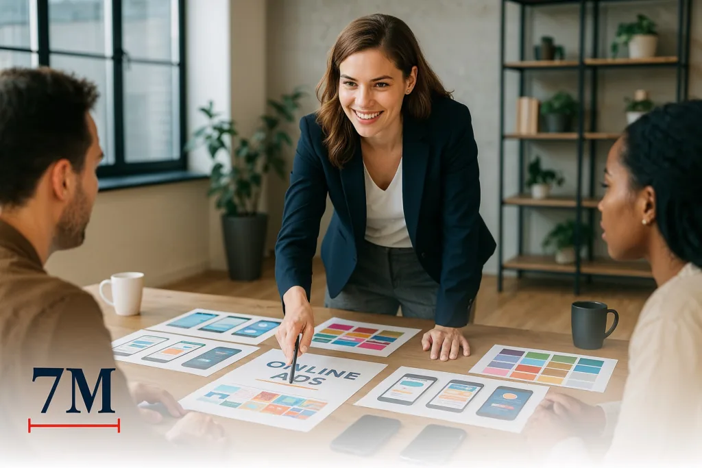 Businesswoman leading a creative marketing team meeting, planning Facebook ads with digital mockups and mobile devices in a collaborative workspace.