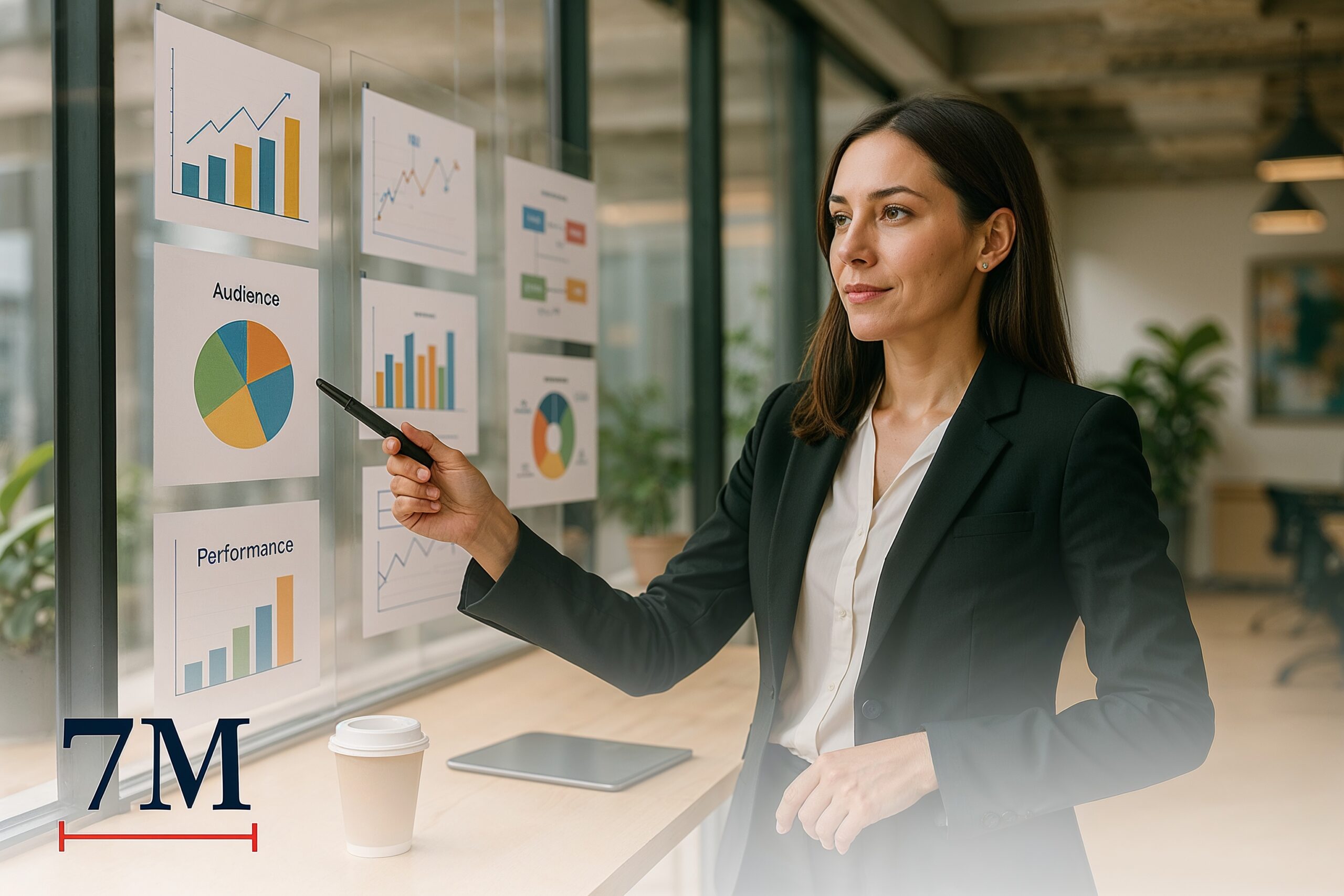 A professional female marketer in business attire stands in a creative workspace, pointing at colorful data charts and campaign diagrams on a glass wall.