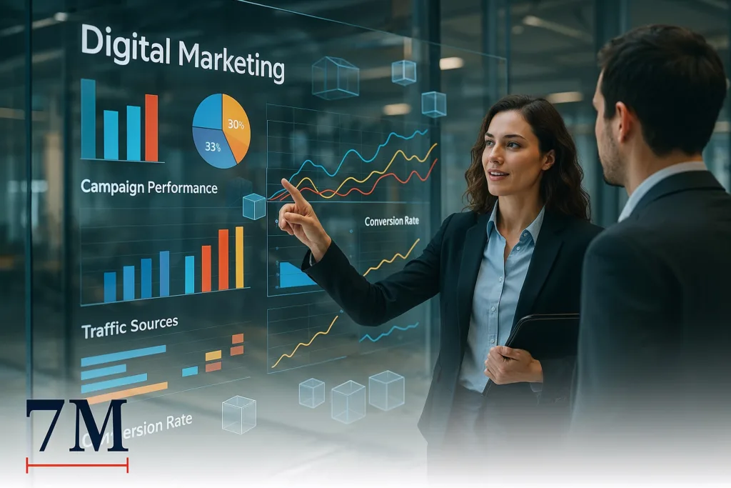 A businesswoman in professional attire presents marketing data and campaign analytics on a glass wall, collaborating in a modern office.