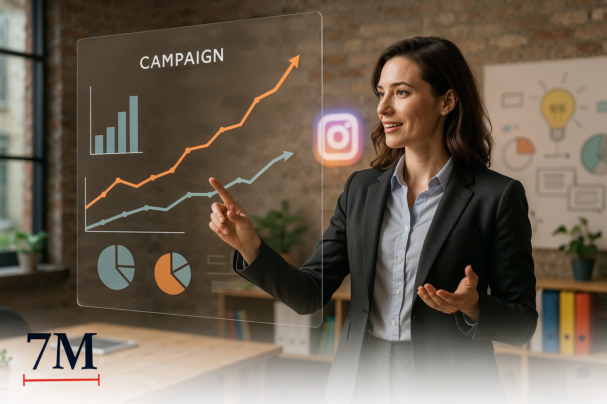 Business leader presenting marketing data with Facebook and Instagram icons in a creative workspace