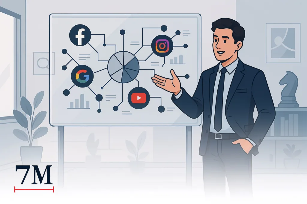 Business professional presenting a multichannel lead generation strategy on a transparent board in a modern workspace