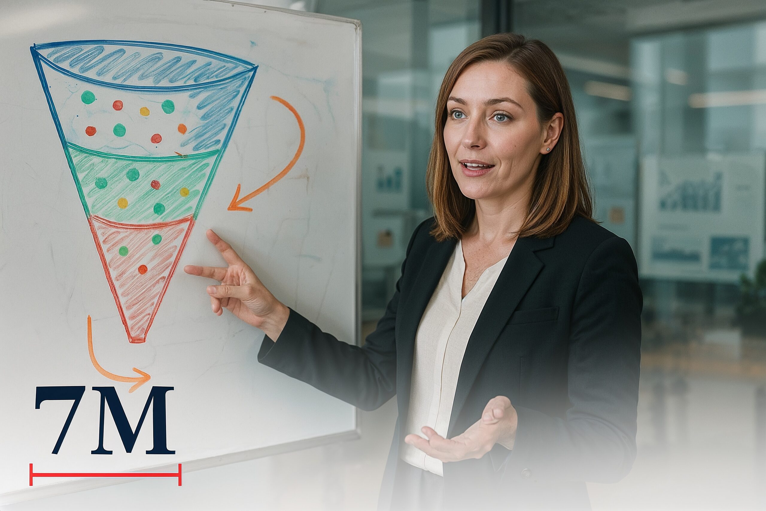 Businesswoman explaining a funnel optimization strategy using a transparent whiteboard with funnel diagrams and data points in a modern office.