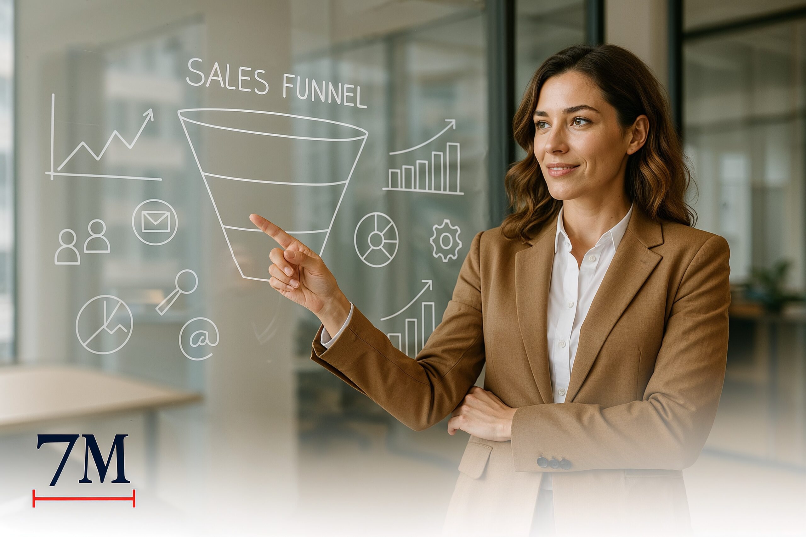 Businesswoman presenting sales funnel optimization strategies on a glass whiteboard with digital marketing icons in a modern office.