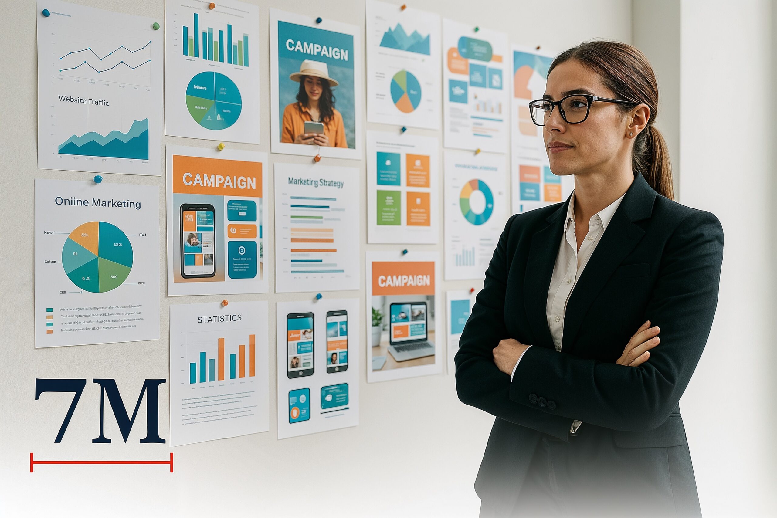 Marketing strategist in business attire analyzing creative campaign boards and analytics charts in a dynamic workspace