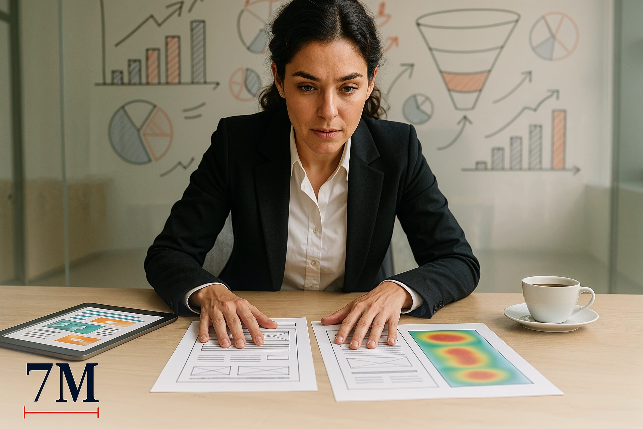 Businesswoman in professional attire reviewing landing page wireframes and heatmaps with marketing diagrams in a creative workspace.