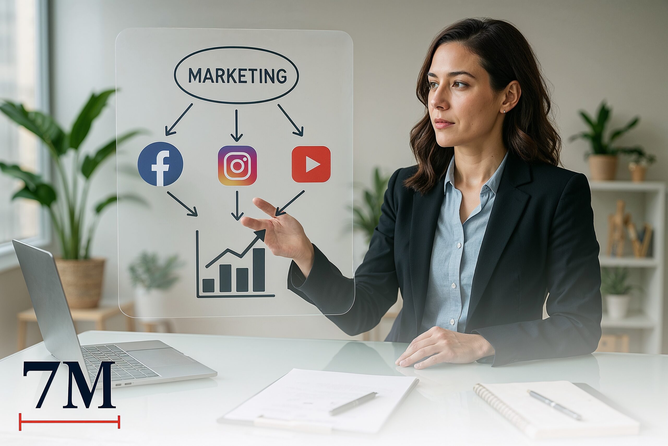 Businesswoman in professional attire interacting with a futuristic data visualization about multi-channel marketing campaigns in a creative workspace