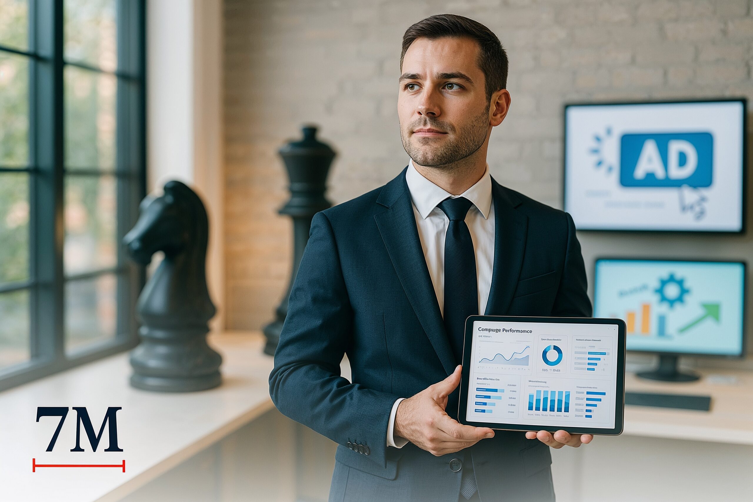Confident business professional with tablet displaying analytics, surrounded by strategy and marketing symbols in a modern workspace.
