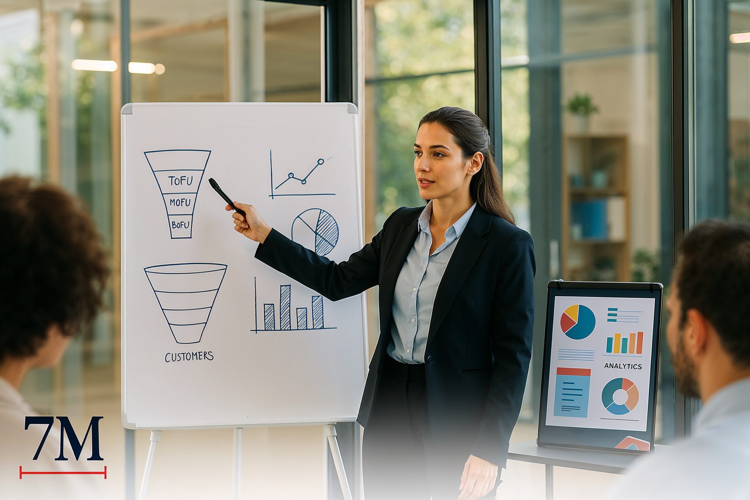 Businesswoman explains sales funnel and analytics for customer acquisition cost optimization in a modern office.