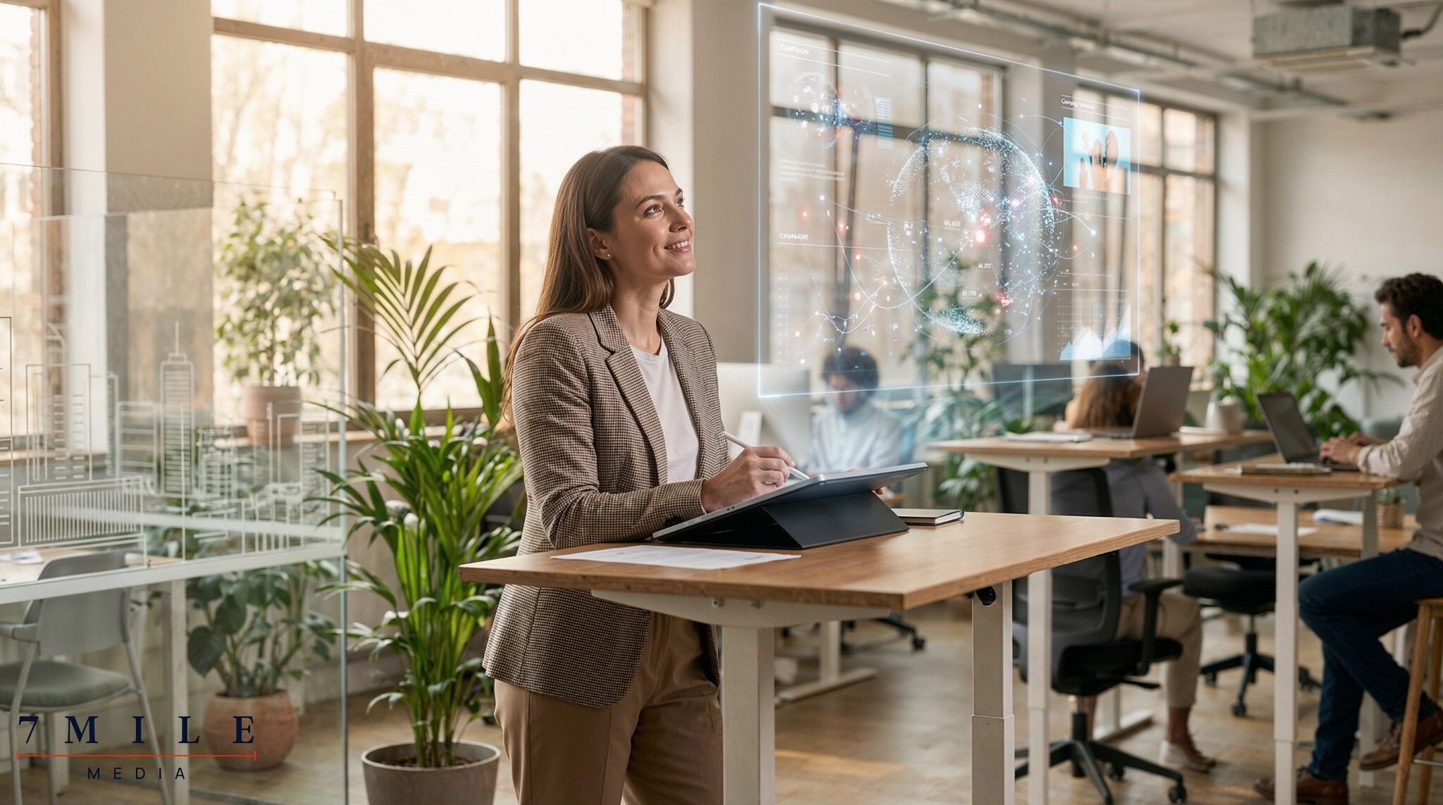 Businesswoman analyzing digital ad campaign data visualizations in a modern workspace, symbolizing advanced campaign scaling strategies.