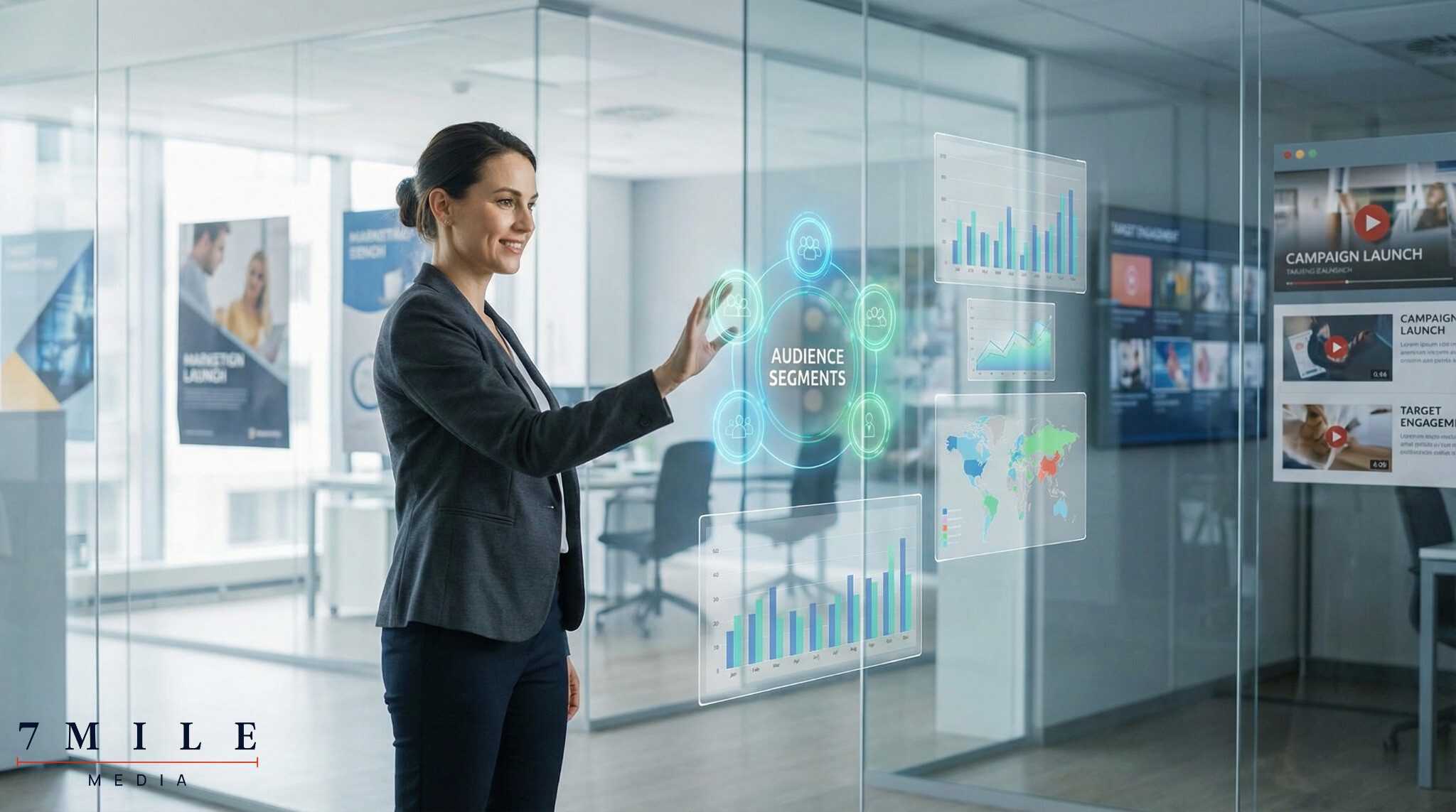 Businesswoman in a modern workspace analyzing digital data and audience segmentation for lead generation.