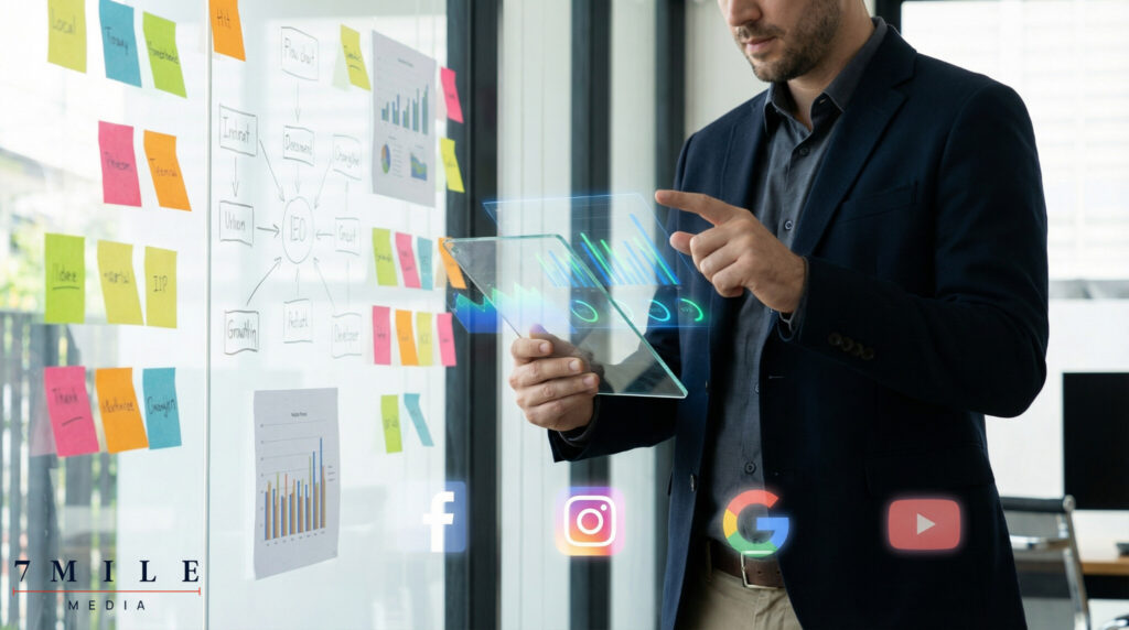 Business professional analyzing real-time marketing data visualizations on a transparent screen, surrounded by campaign charts and cross-channel strategy icons.