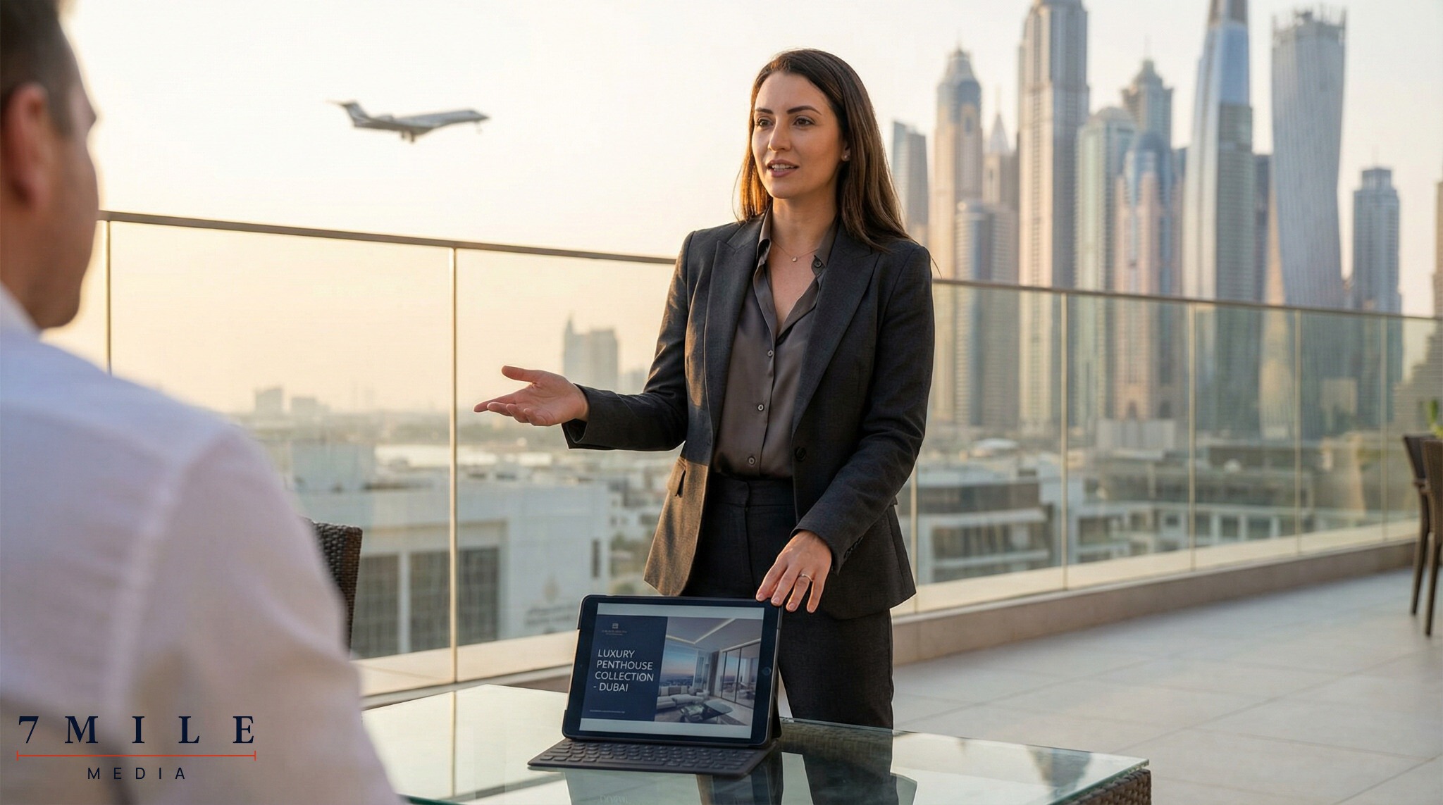 Businesswoman strategizing lead generation for high-ticket services on a city terrace, with luxury real estate and travel elements.