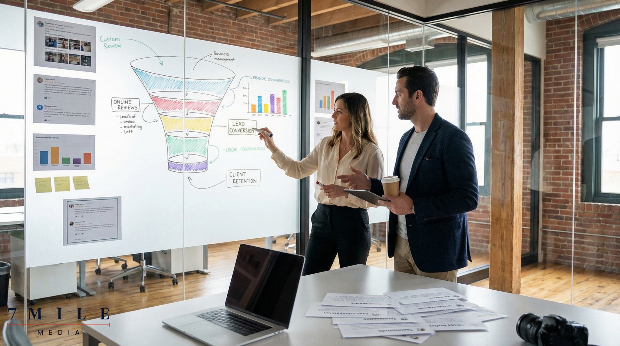 Business professionals discussing a data-driven sales funnel strategy for high ticket digital marketing services