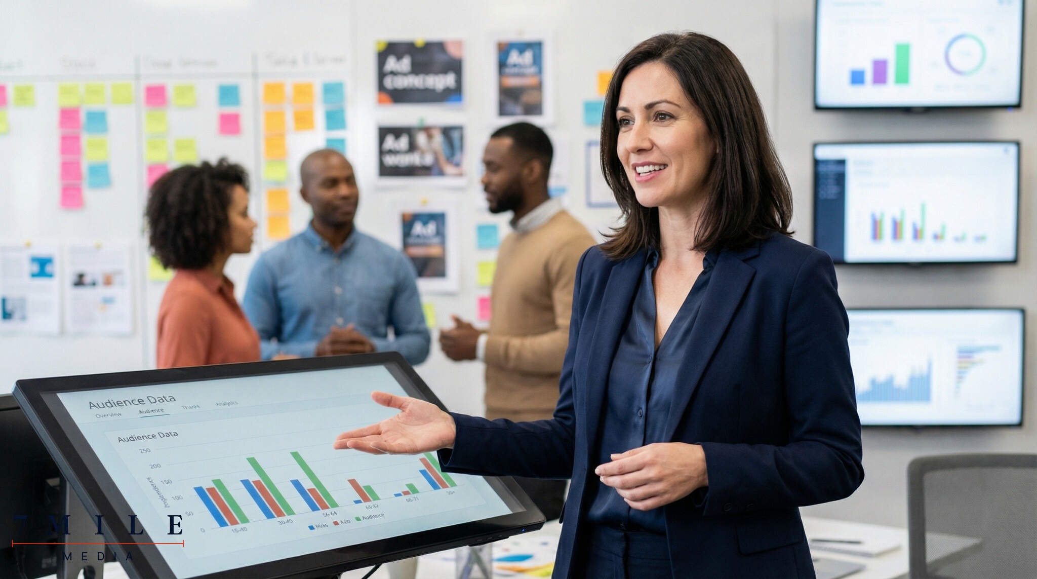 Businesswoman presenting direct response advertising strategy with creative boards and data charts in a marketing workspace