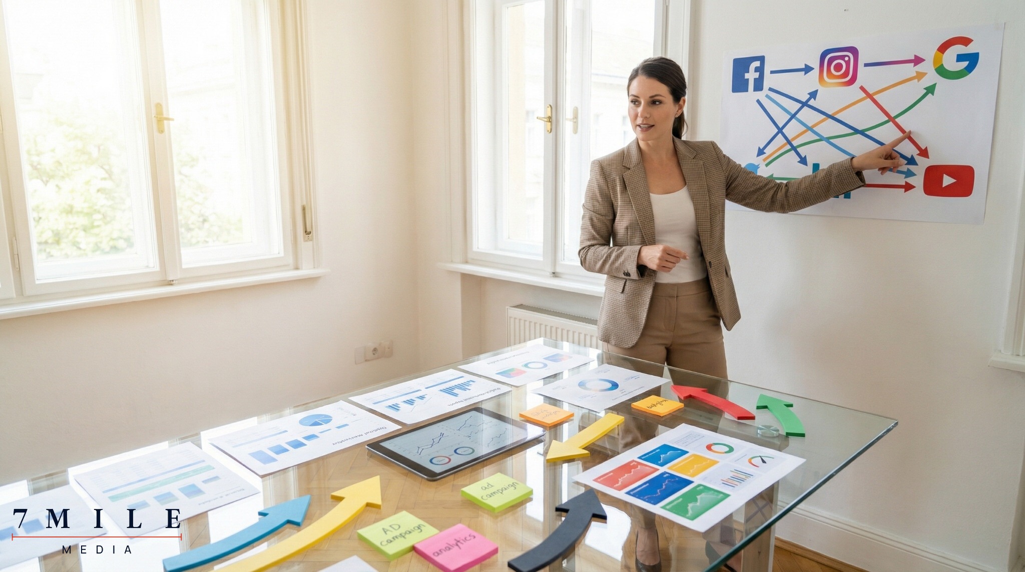Businesswoman in a modern workspace presenting multichannel paid advertising strategies with analytics and platform icons.
