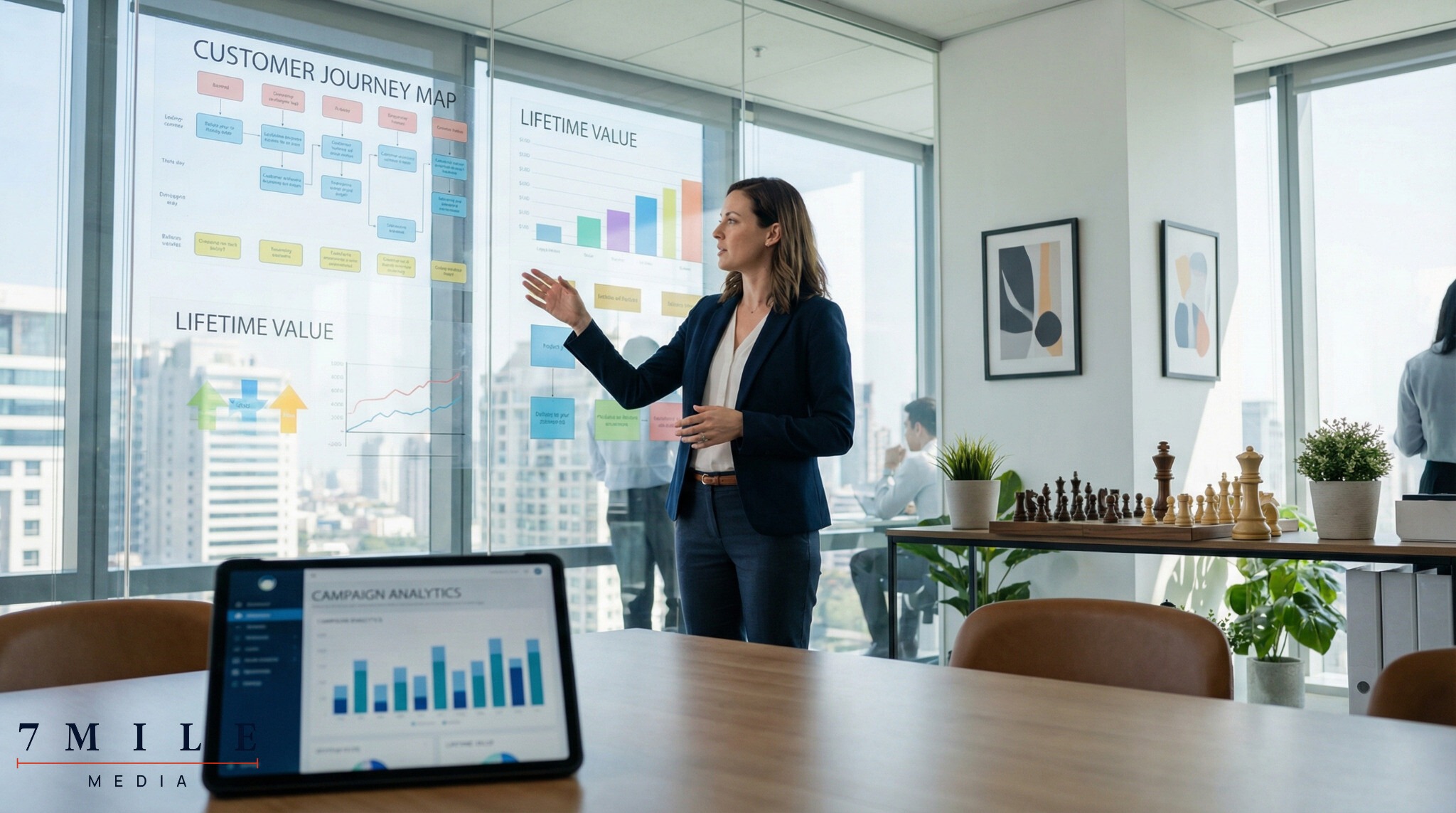 Businesswoman presenting data-driven customer lifetime value marketing strategies in a modern creative workspace.