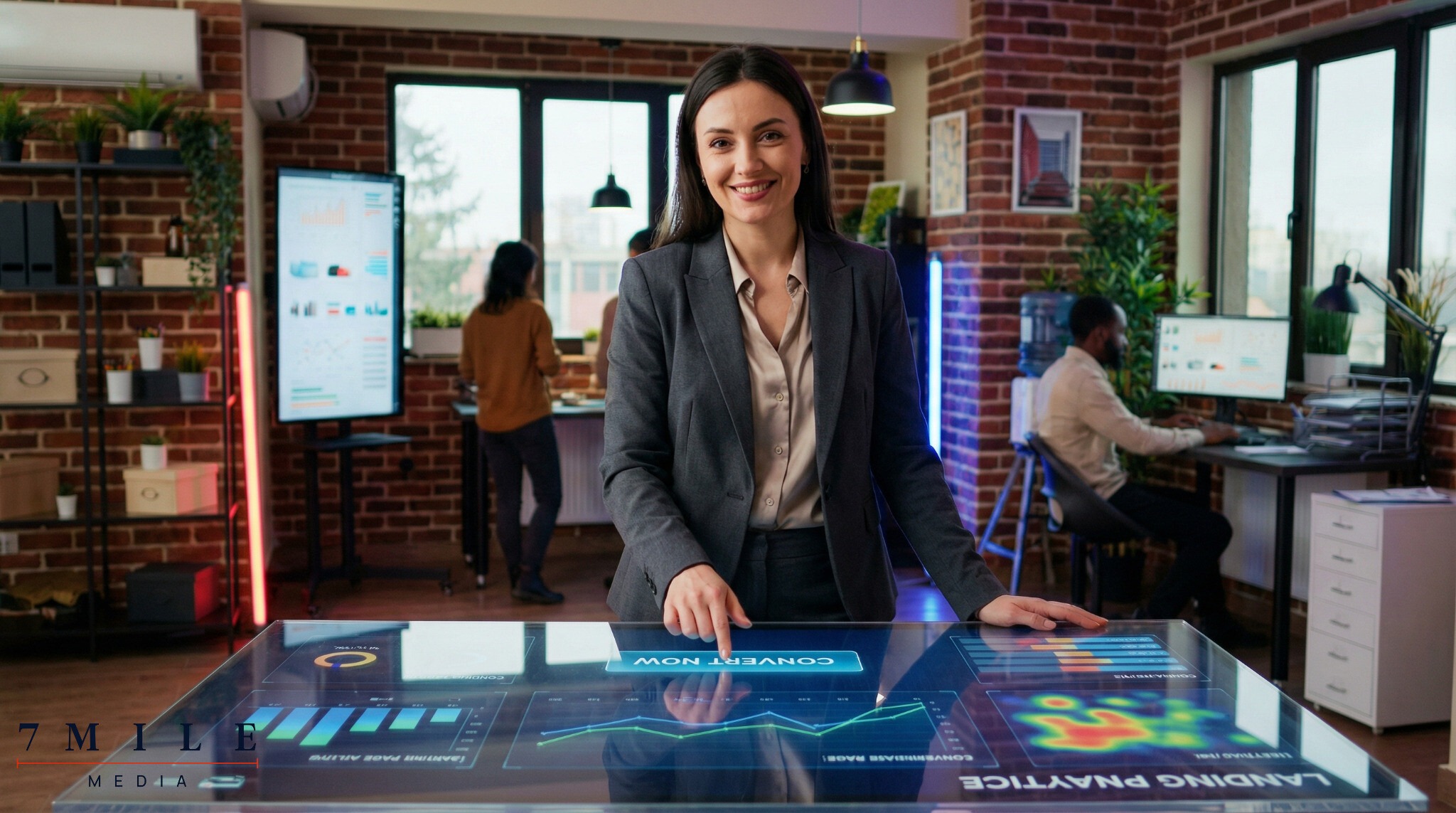 Businesswoman presenting interactive landing page analytics with call-to-action button in digital marketing workspace