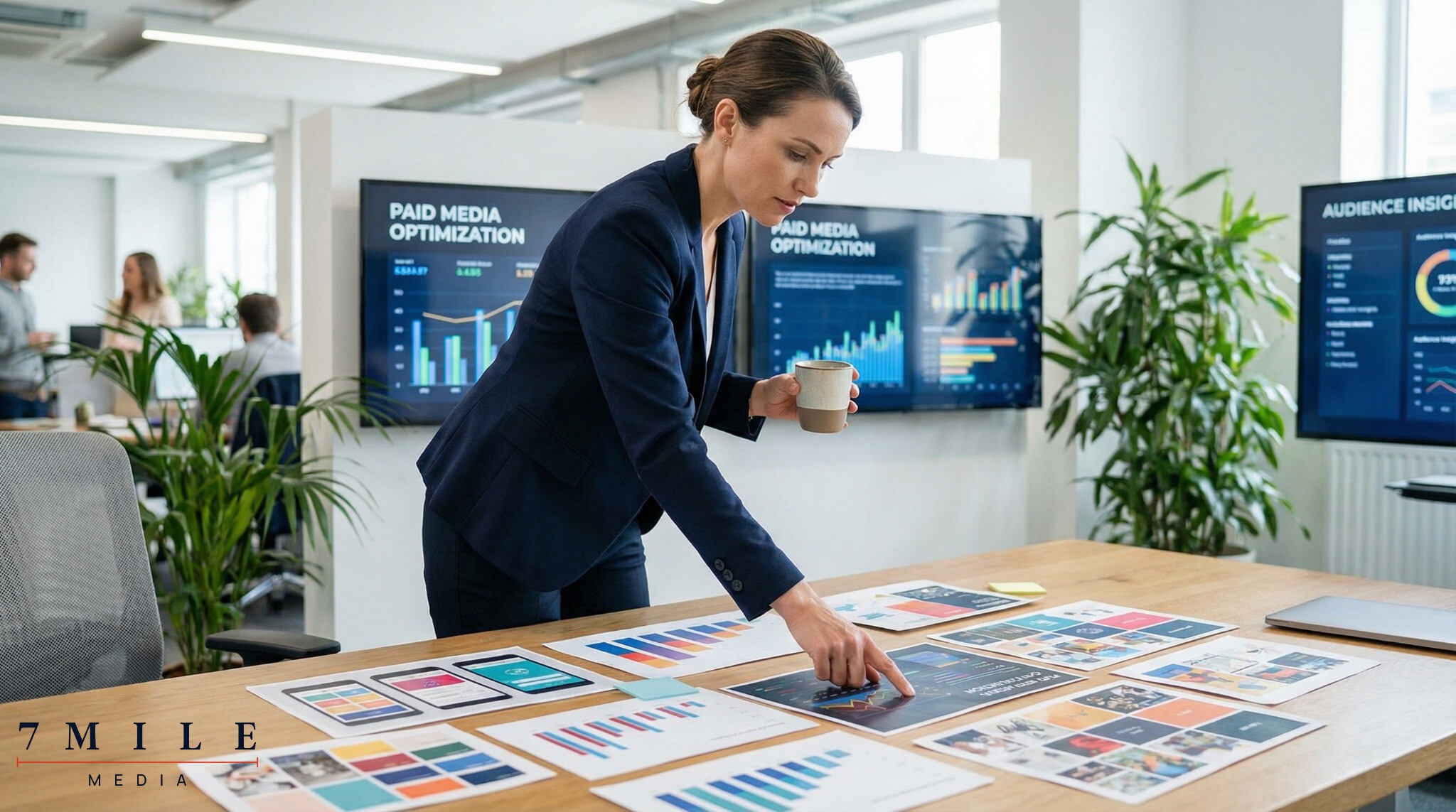 Business professional analyzing creative ads and analytics charts at a modern workspace, representing paid media campaign optimization.