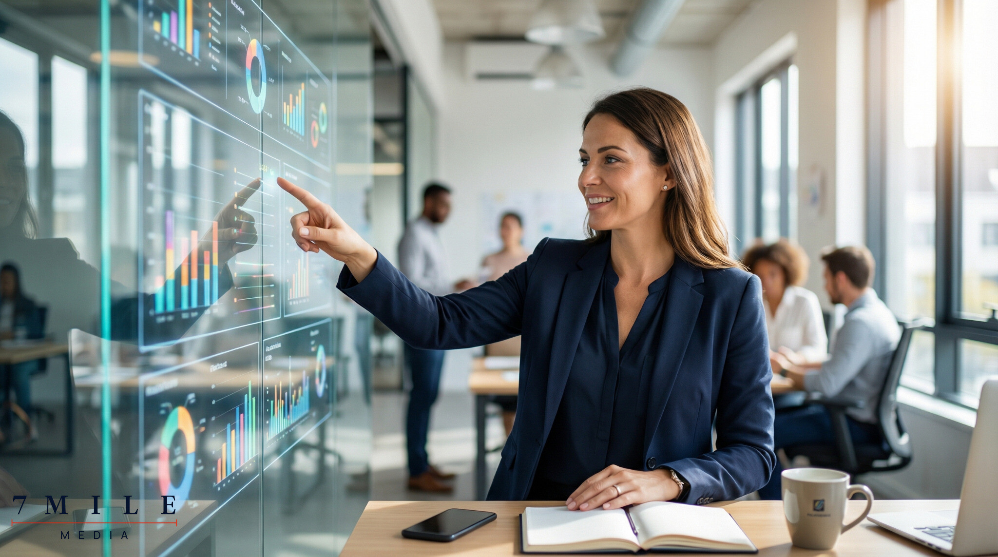 Businesswoman analyzing marketing KPIs on transparent data charts in a creative workspace