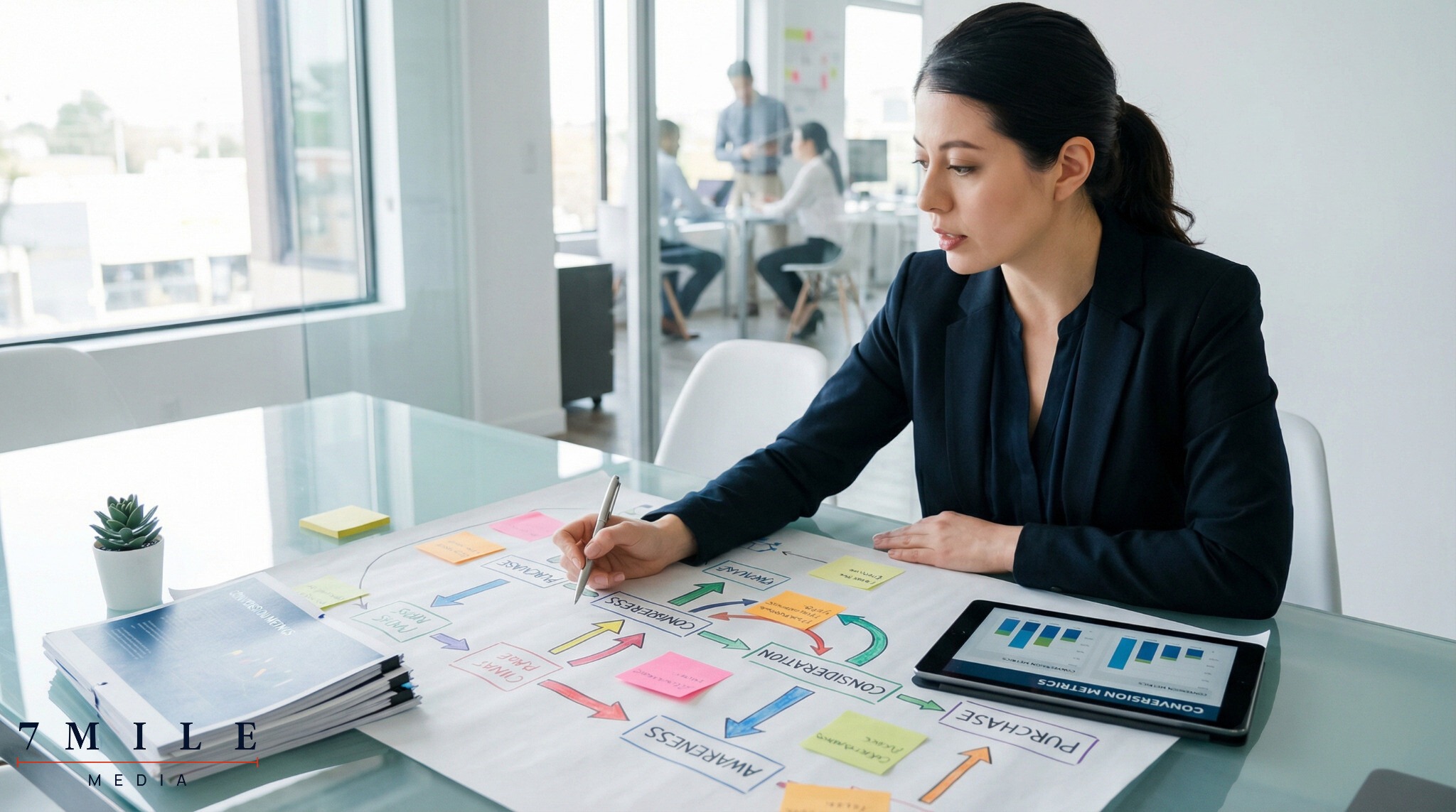Businesswoman reviewing a detailed digital funnel flowchart with data-driven marketing materials in a modern workspace