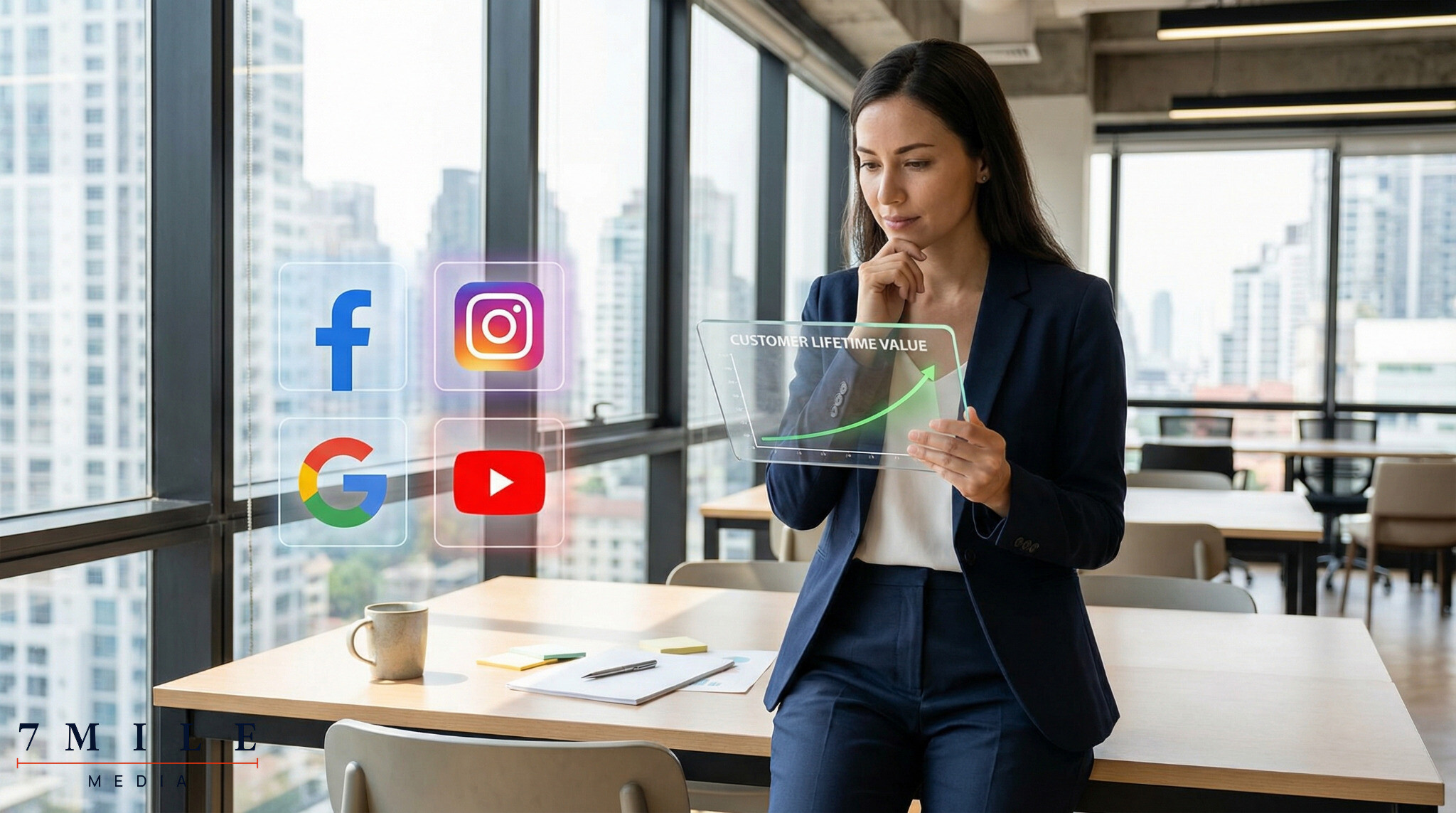 Businesswoman in modern workspace analyzing lifetime value graph on digital tablet, with icons for Facebook, Instagram, Google, and YouTube.