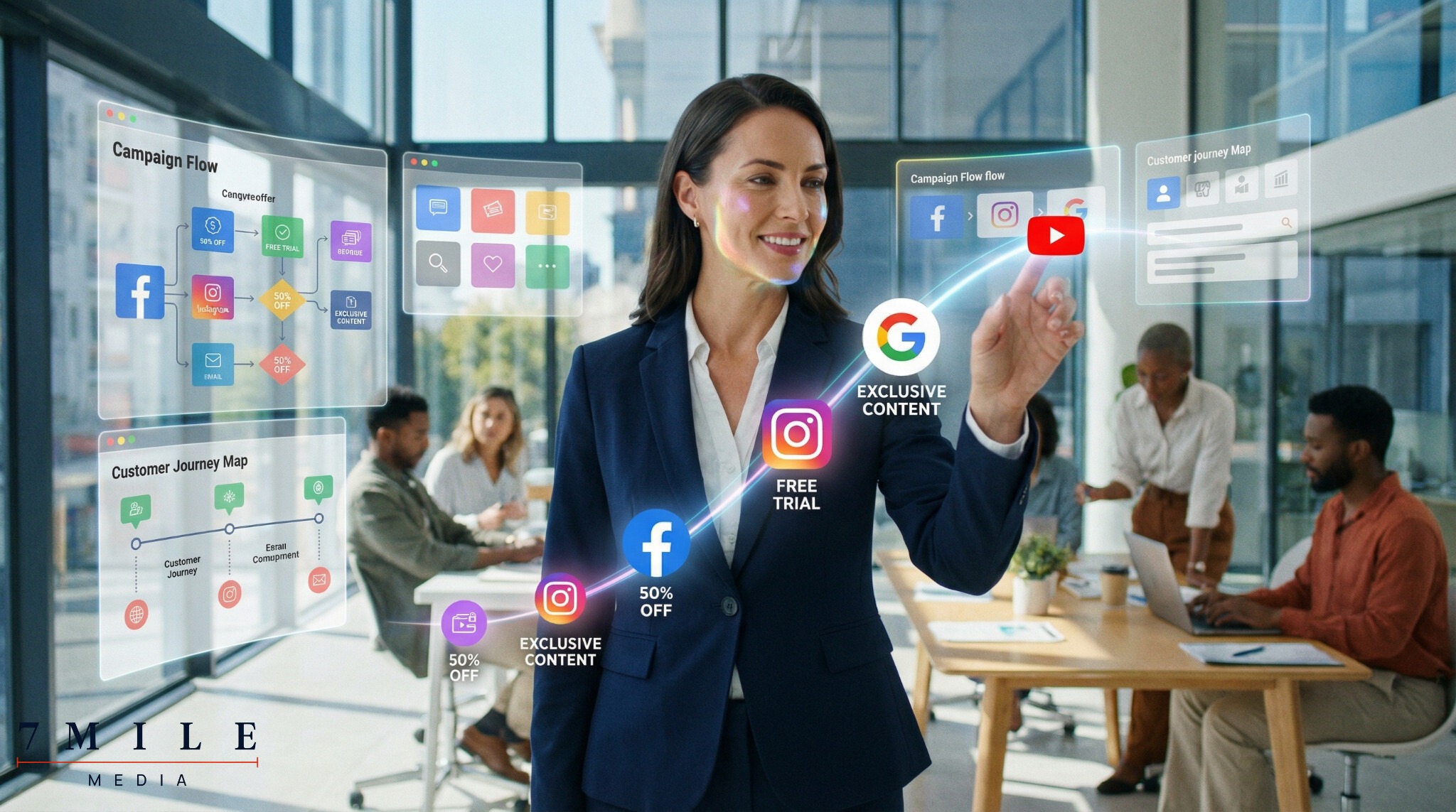 Businesswoman in a dynamic workspace orchestrating digital offer sequences across Facebook, Instagram, Google, and YouTube with interconnected digital flow visuals.